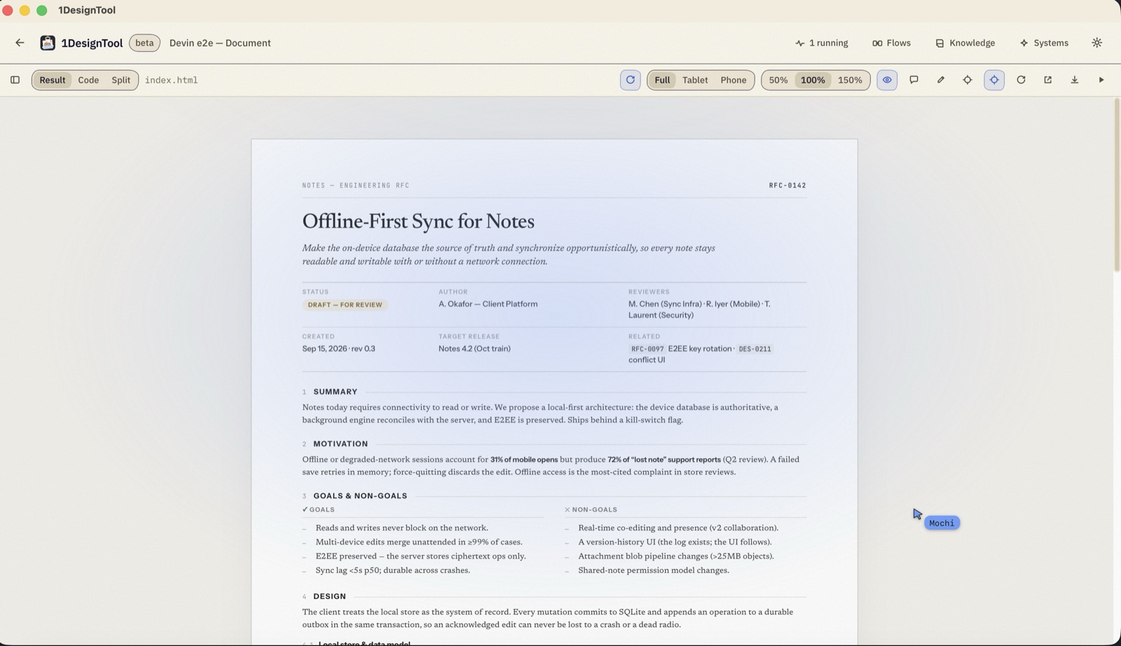 The finished document at 100%, in the result pane. Status block, numbered sections, goals against non-goals.