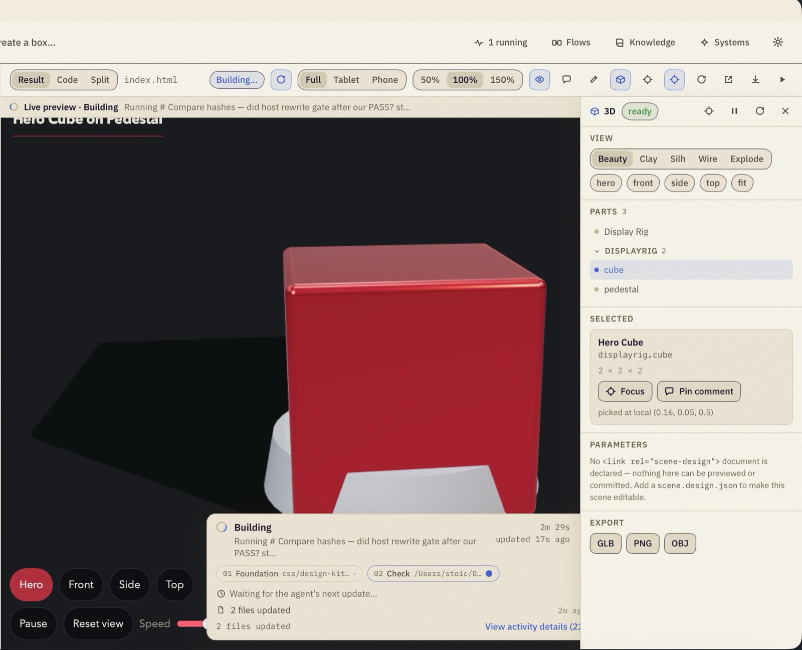 The 3D inspector, open on a scene the agent is still building. Views, the parts tree, the selected part, and the export row.