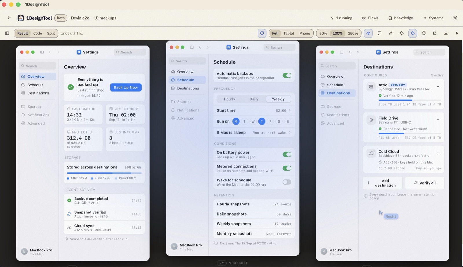 Three states of one settings screen, produced in a single run. The alignment between them is not luck — it is the same tokens and the same checks applied three times.
