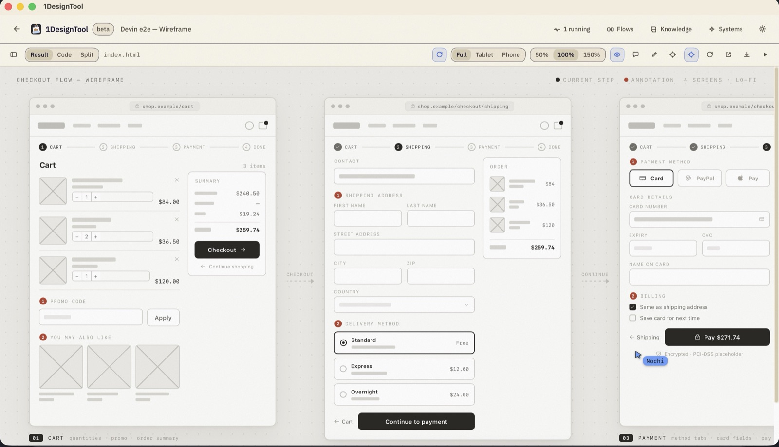 The same wireframe run in the result pane. Numbered annotations, a step indicator that is correct on every frame, and a legend along the bottom.