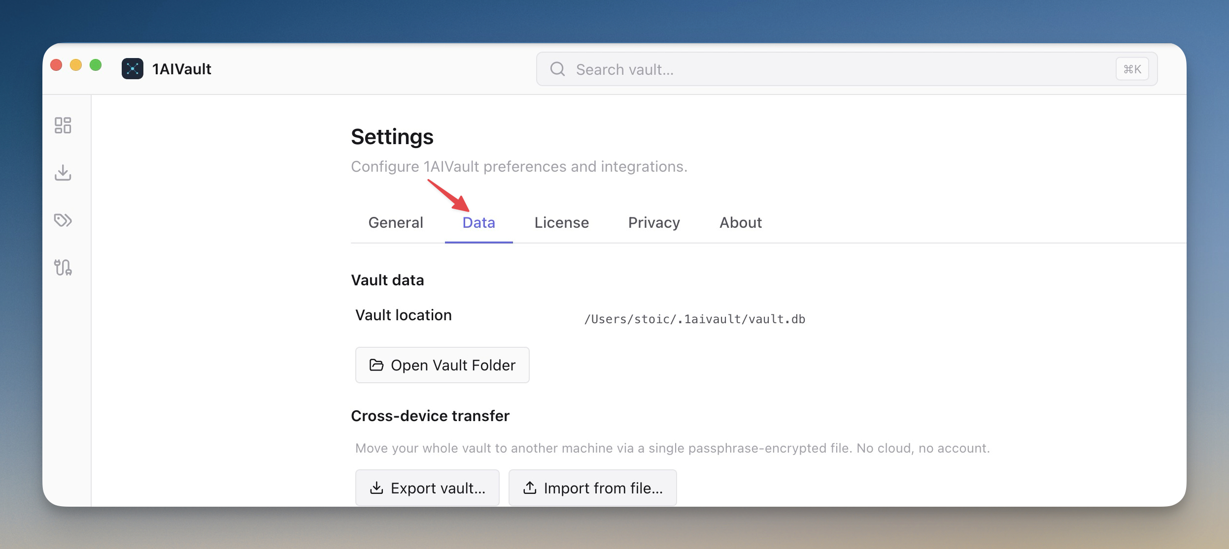 A local AI vault showing exportable project memory and reusable context files.