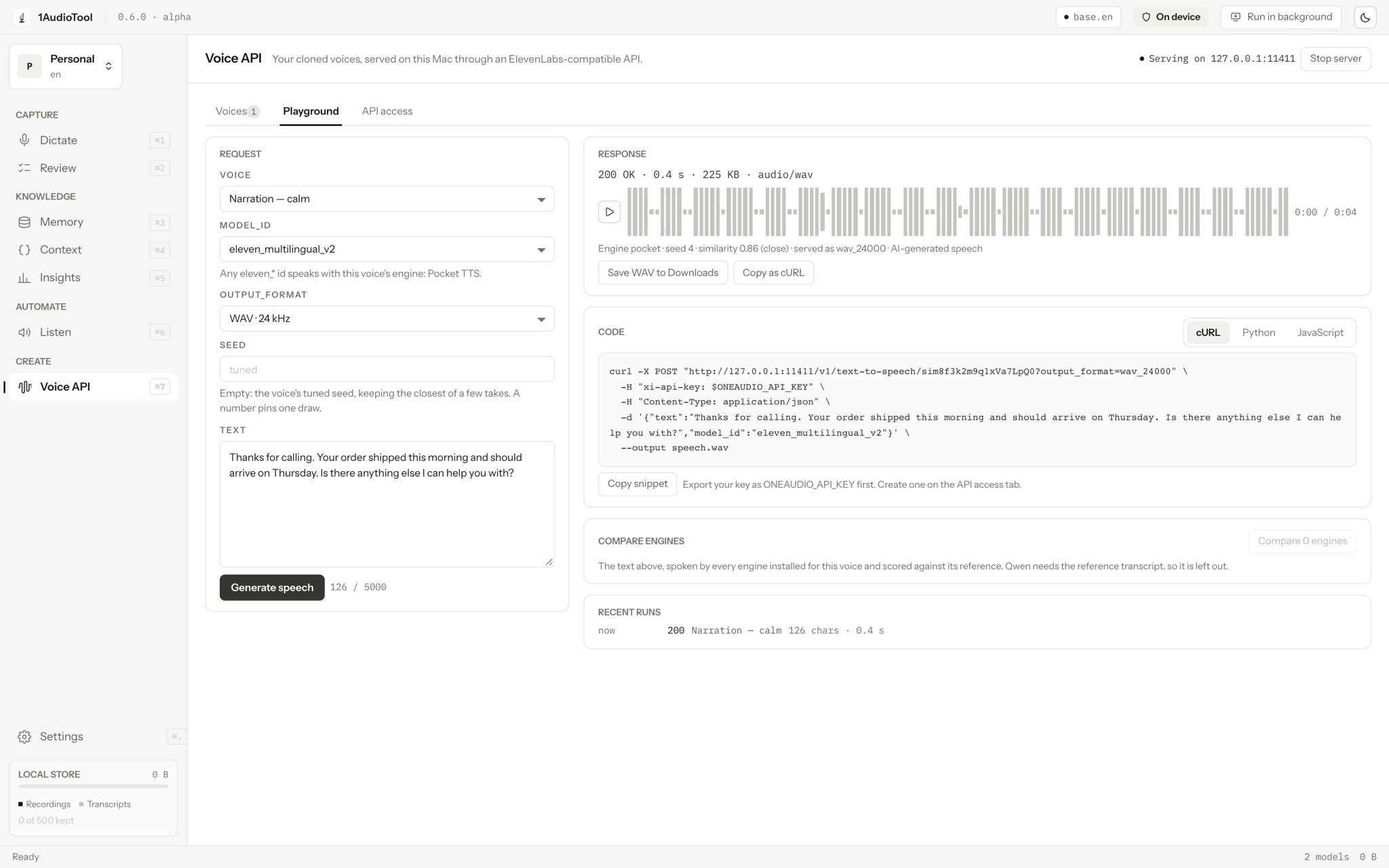 Your cloned voice, served on your own computer through an ElevenLabs-compatible API