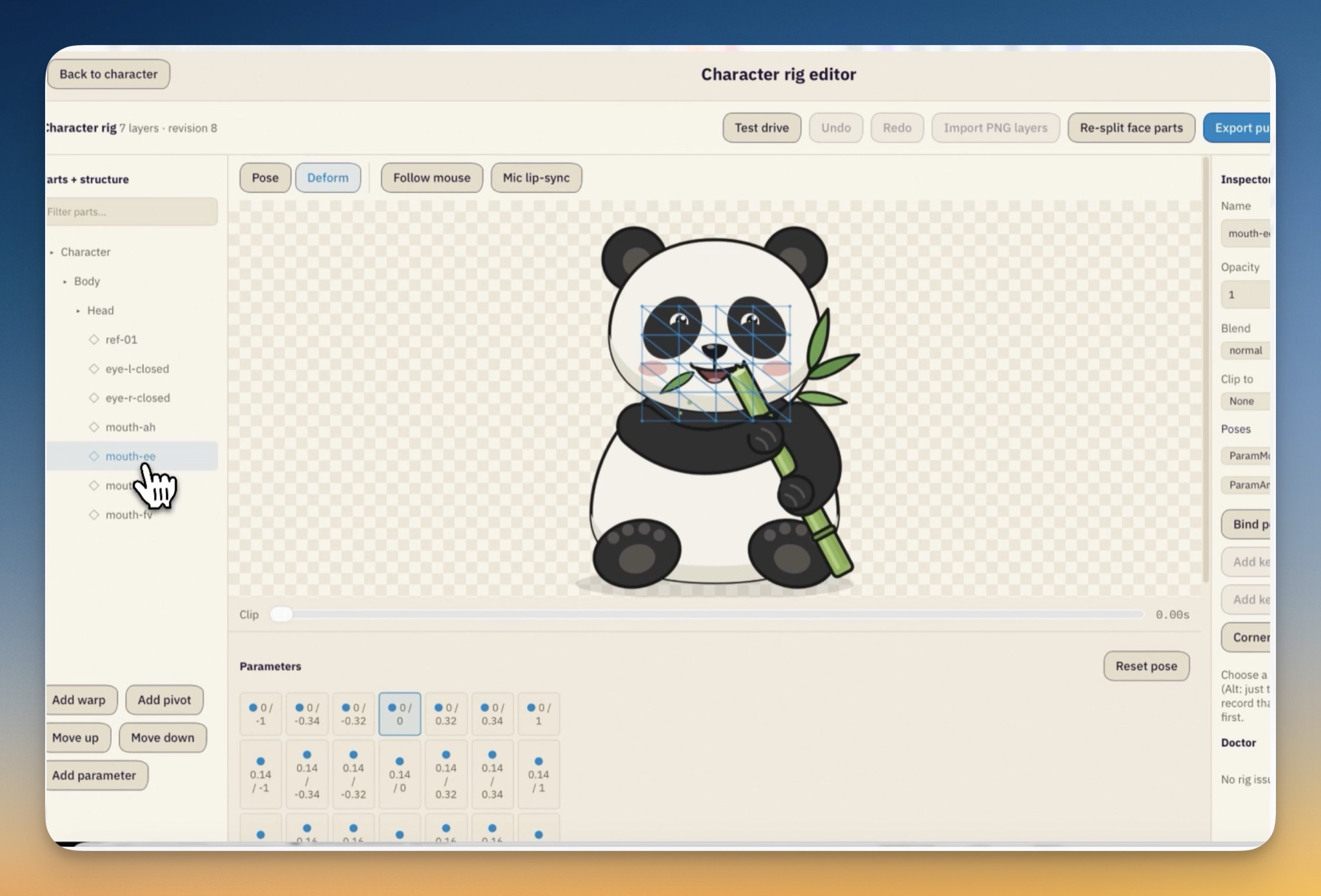 The Character rig editor in Deform mode with a lattice over the panda's face, the part tree with eye and mouth layers, and the Parameters keyform grid below the canvas.