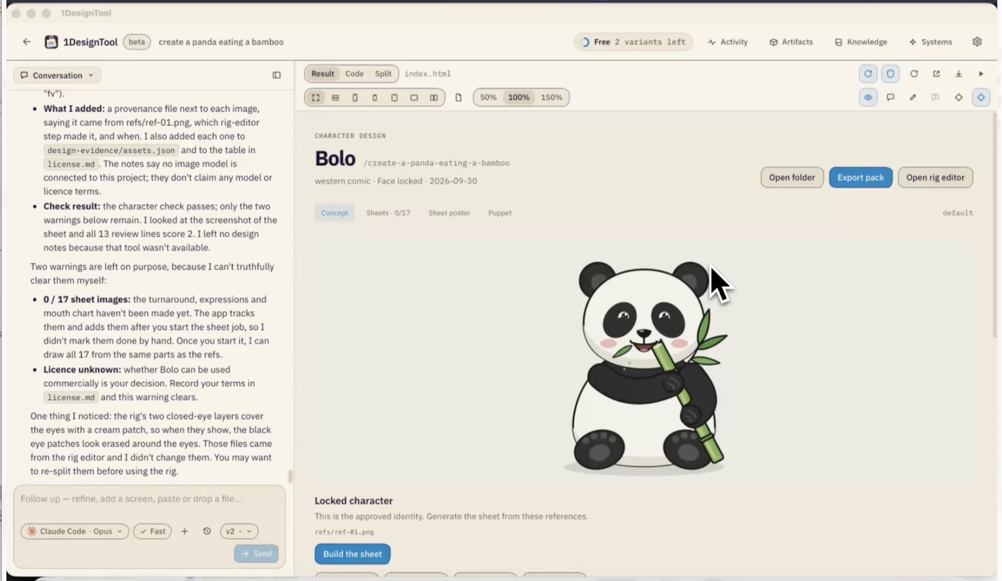 Bolo the panda with the face locked. The Concept tab shows the approved reference, with Build the sheet below it and Export pack and Open rig editor in the header.