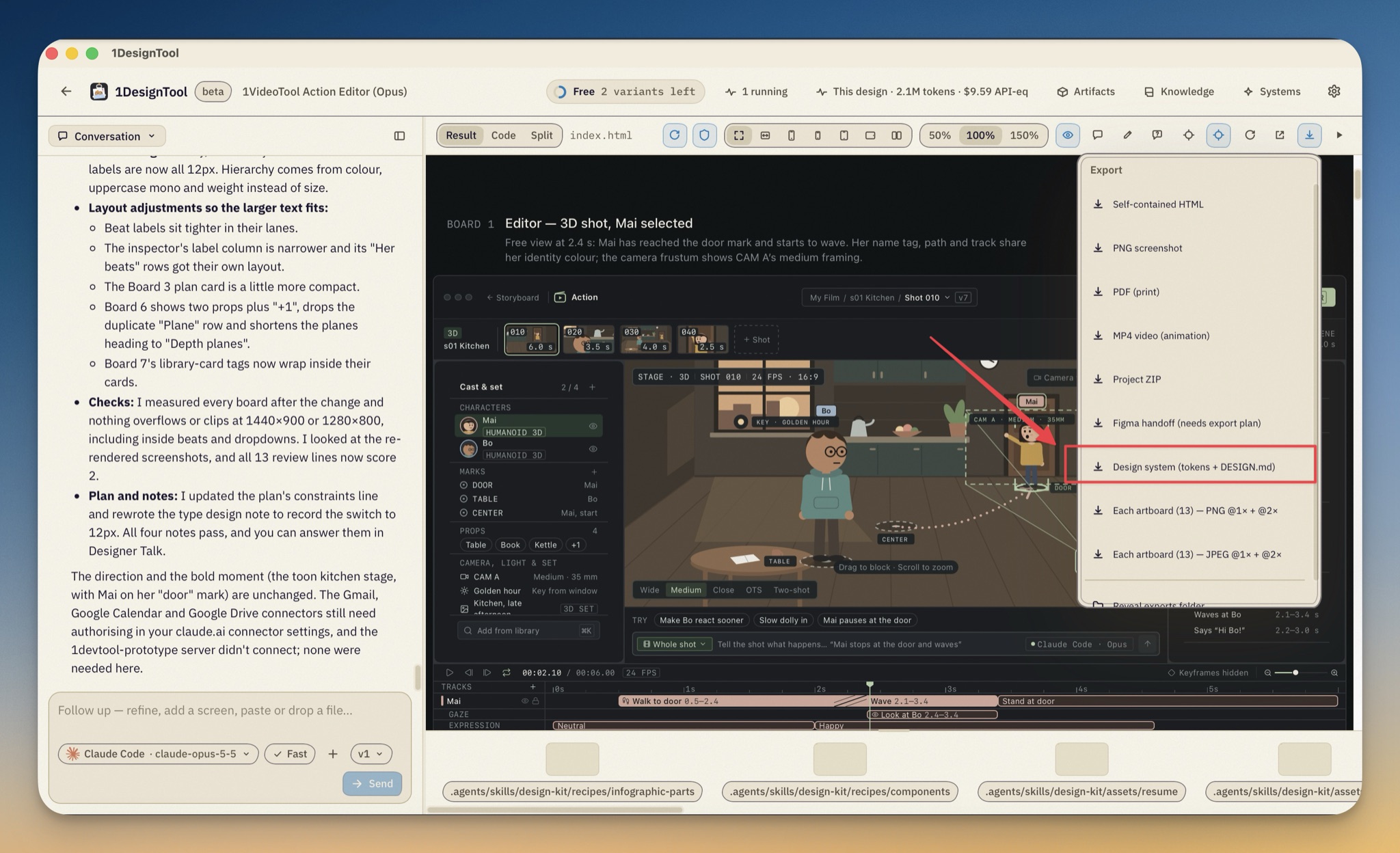 The Export menu, with Design system (tokens + DESIGN.md) sitting alongside the HTML, PNG, PDF, MP4 and Figma handoff exports