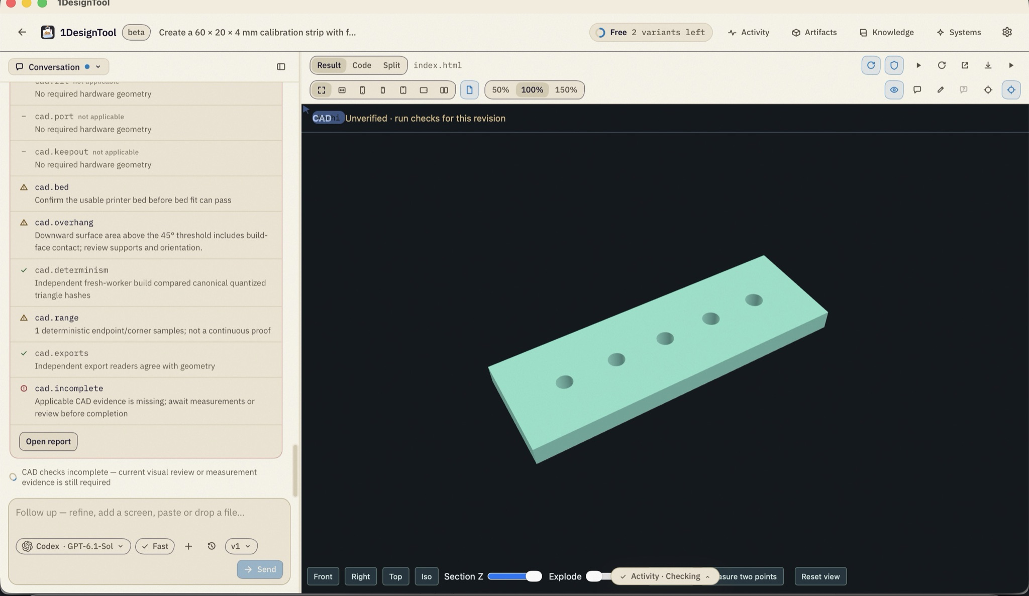 The CAD workspace showing the printed strip in the 3D viewer beside the gate's per-check results, including bed, overhang, determinism and export findings