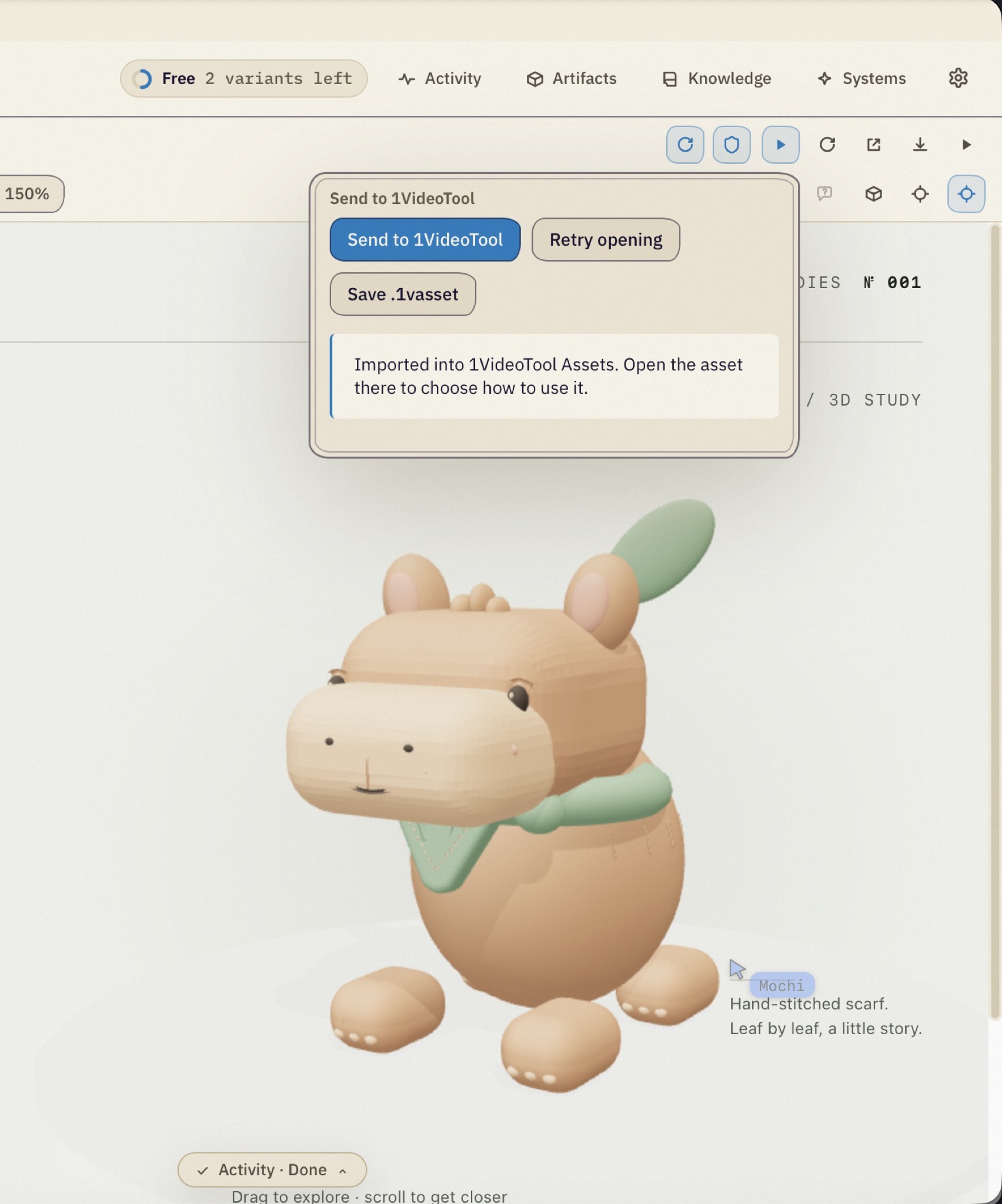 The Send to 1VideoTool panel over a 3D character, confirming the asset was imported into 1VideoTool Assets, with Retry opening and Save .1vasset beside it