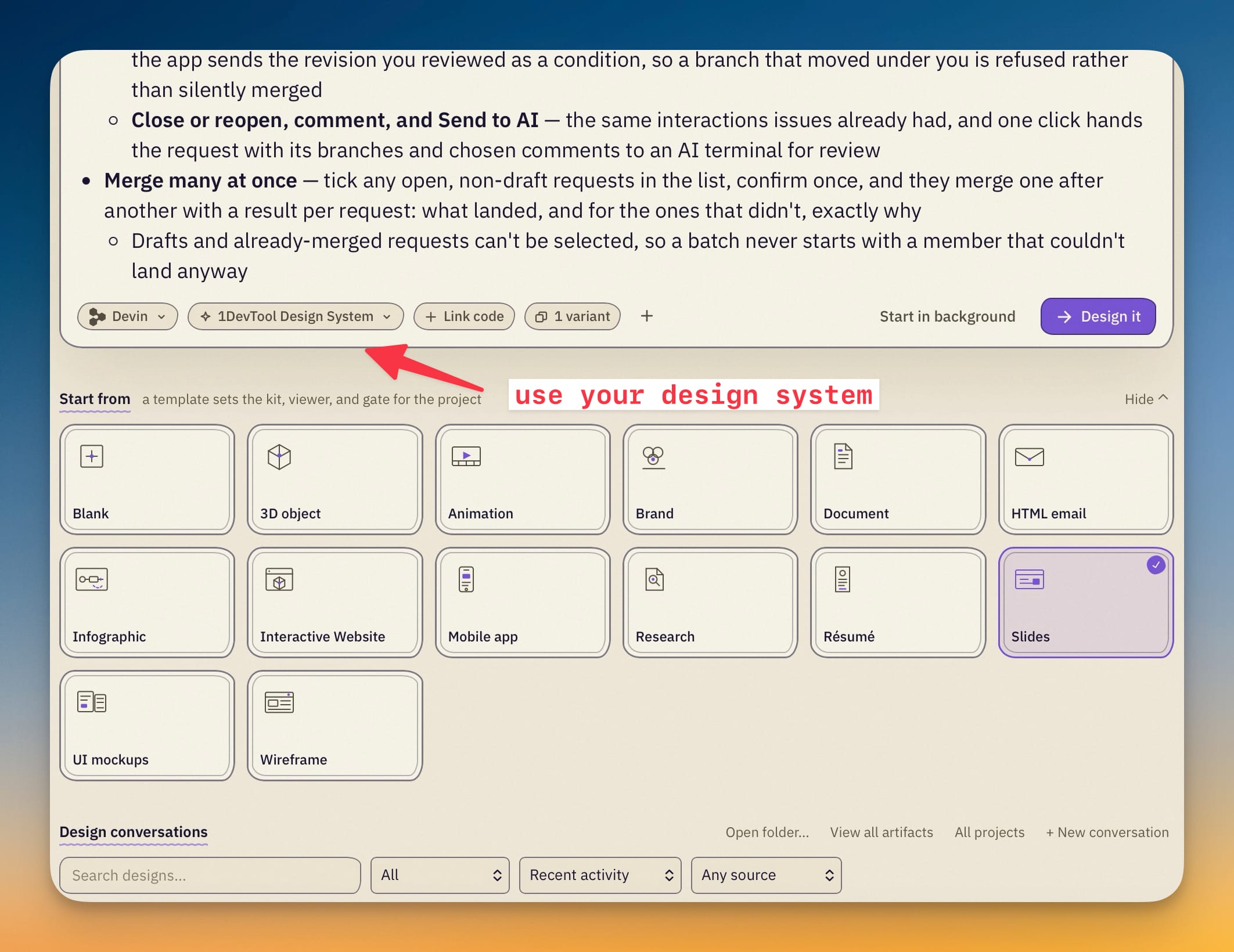 The composer's chips — runtime, design system, linked code and the variant count — above the template grid.