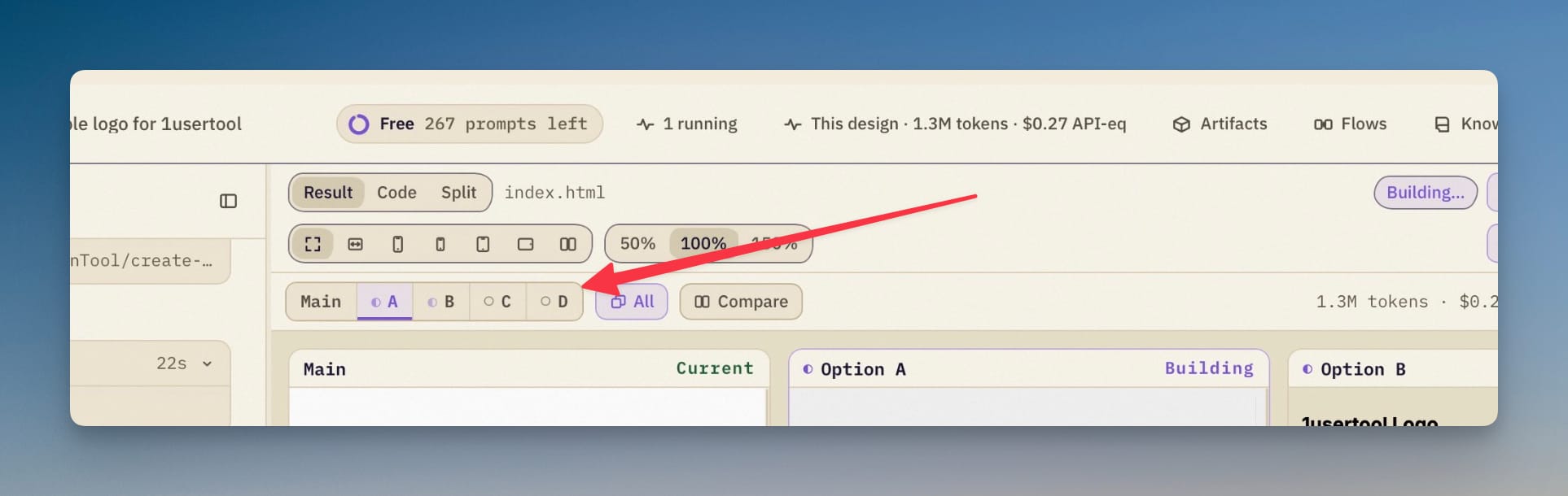 The variant strip sits under the result panel, next to the per-design usage line.