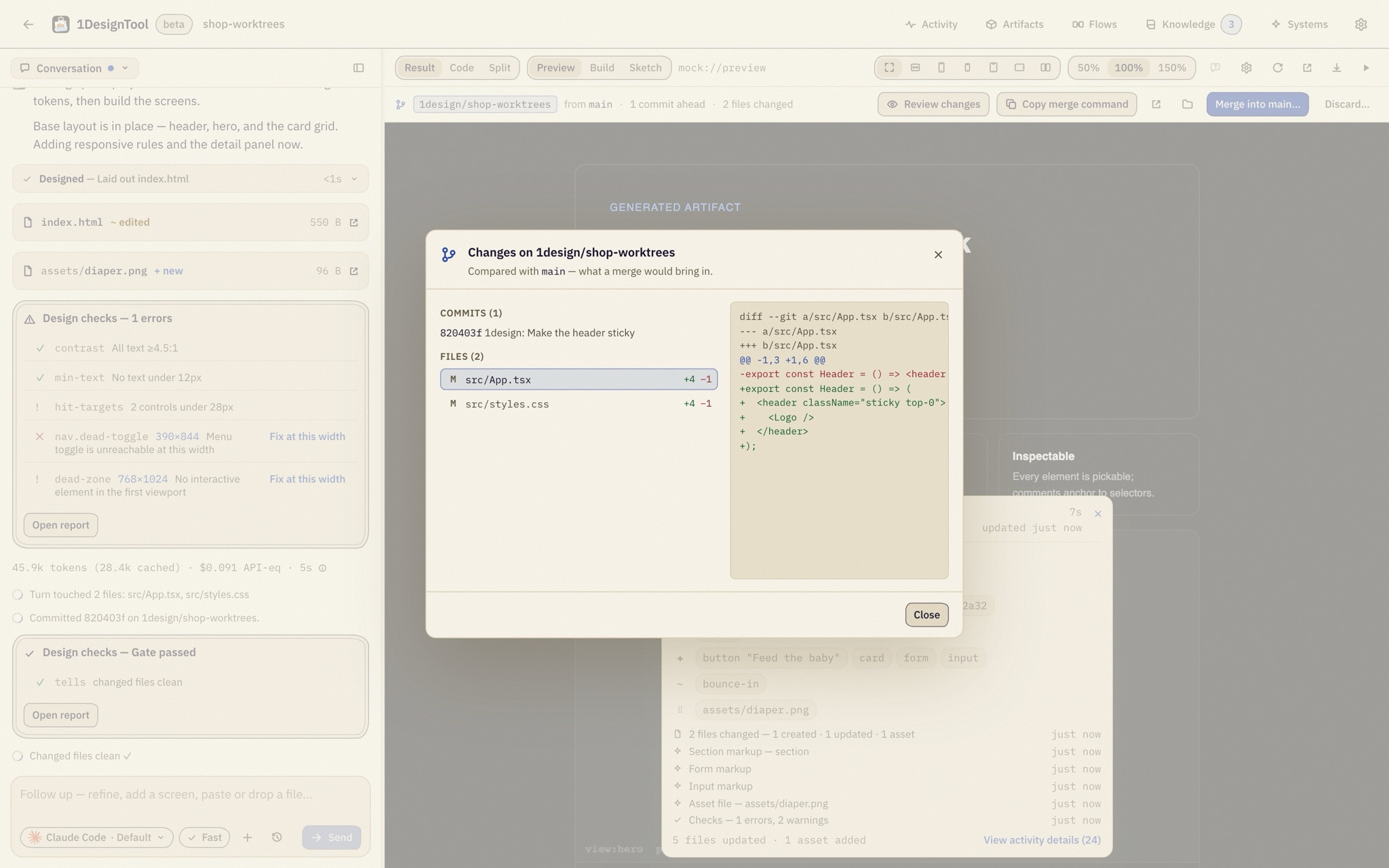 Review changes on the isolated branch: one "1design: Make the header sticky" commit, the two files it touched, and the diff against main.