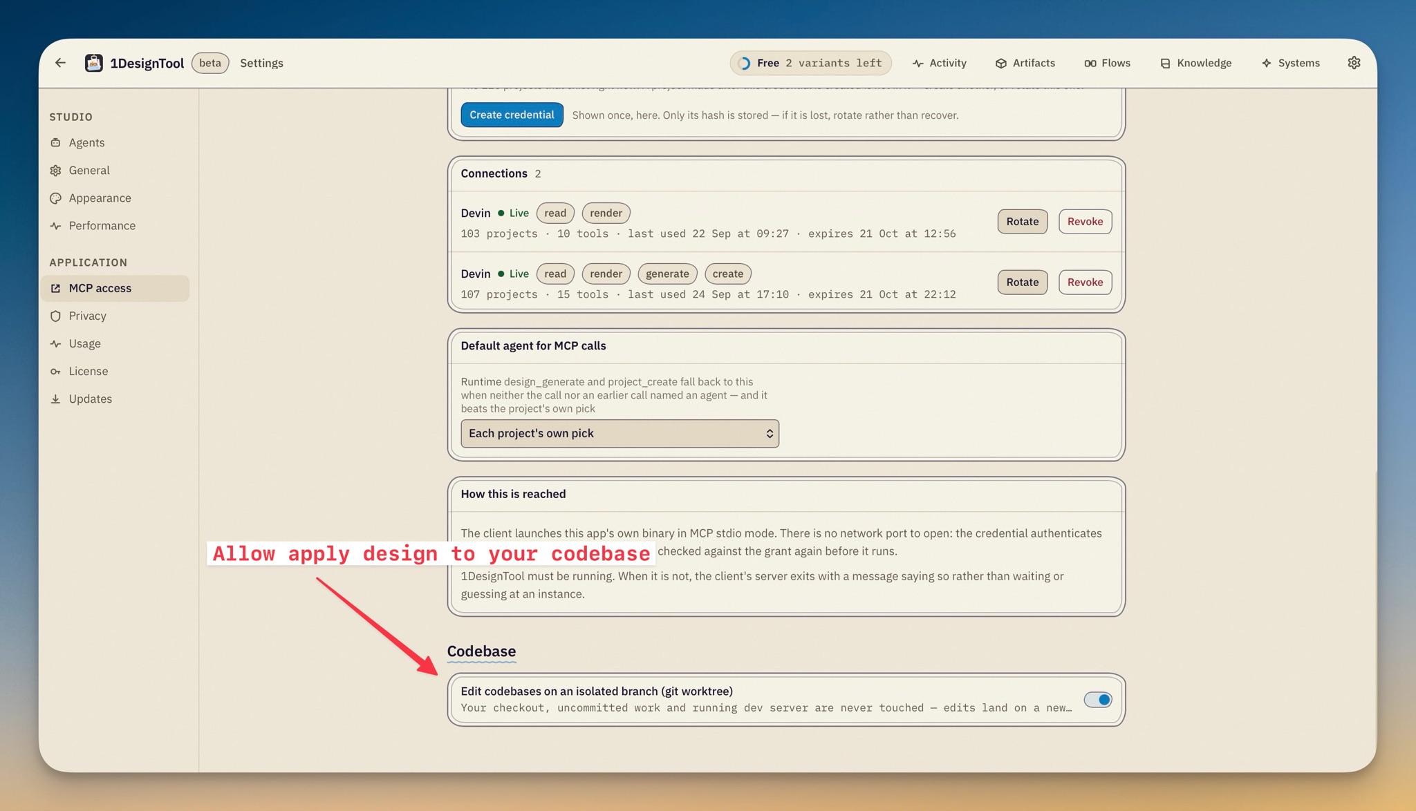 Settings with the new Codebase section: the "Edit codebases on an isolated branch (git worktree)" default, switched on.