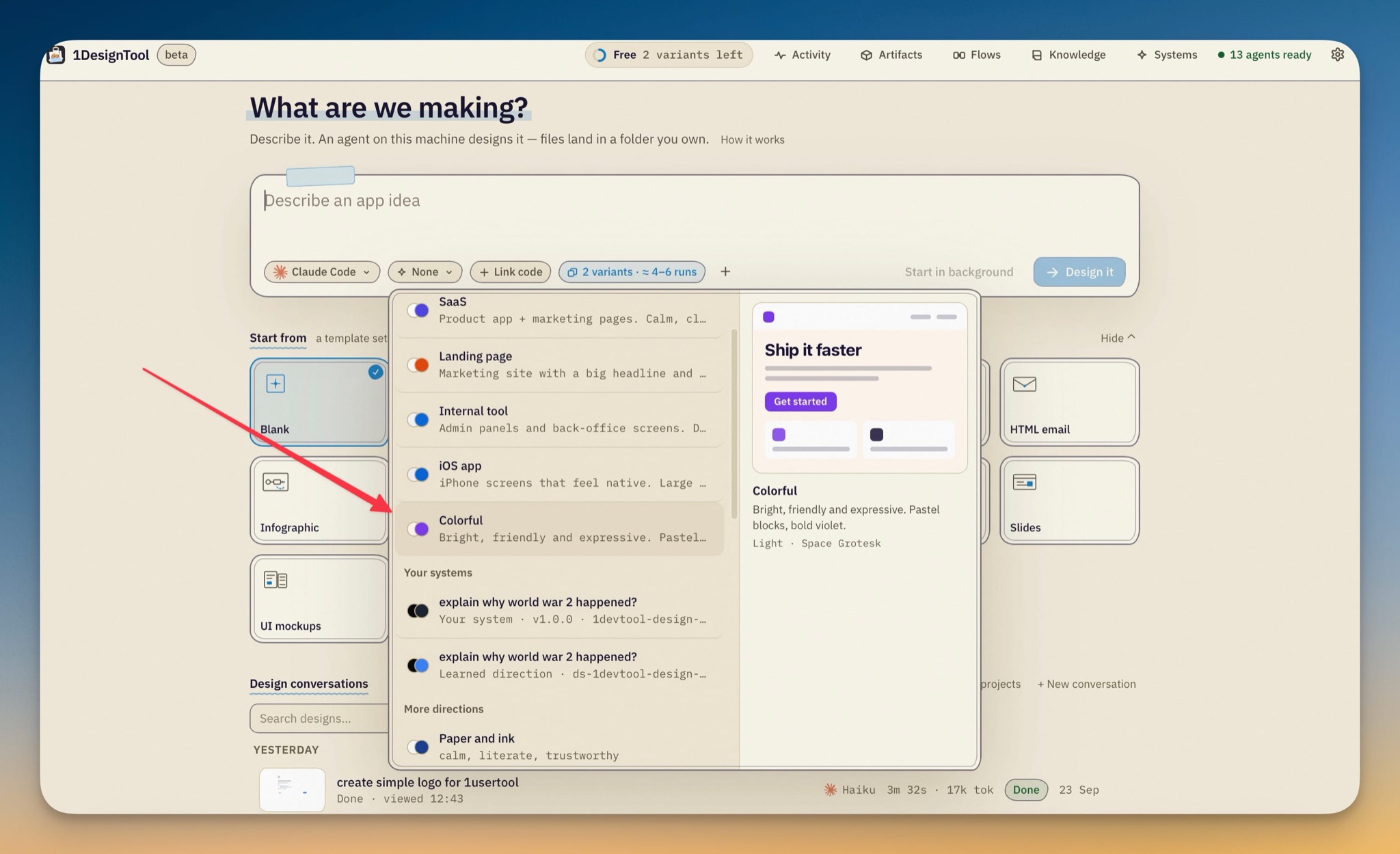 The design-system picker grouped by purpose, with a miniature Colorful preview beside the list.