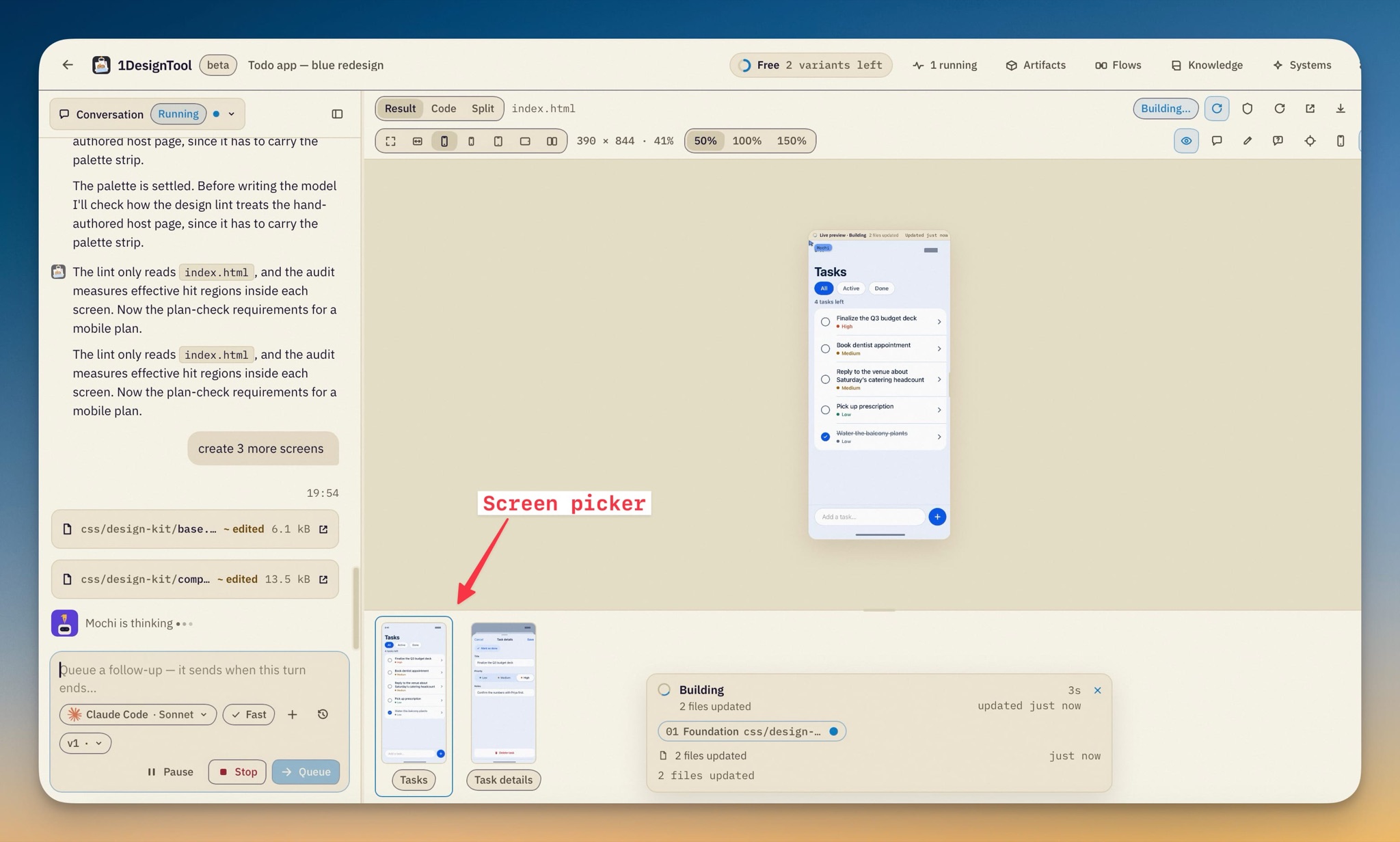 A mobile Todo app project mid-turn, with the screen picker under the result panel showing Tasks and Task details thumbnails beside the live Building status