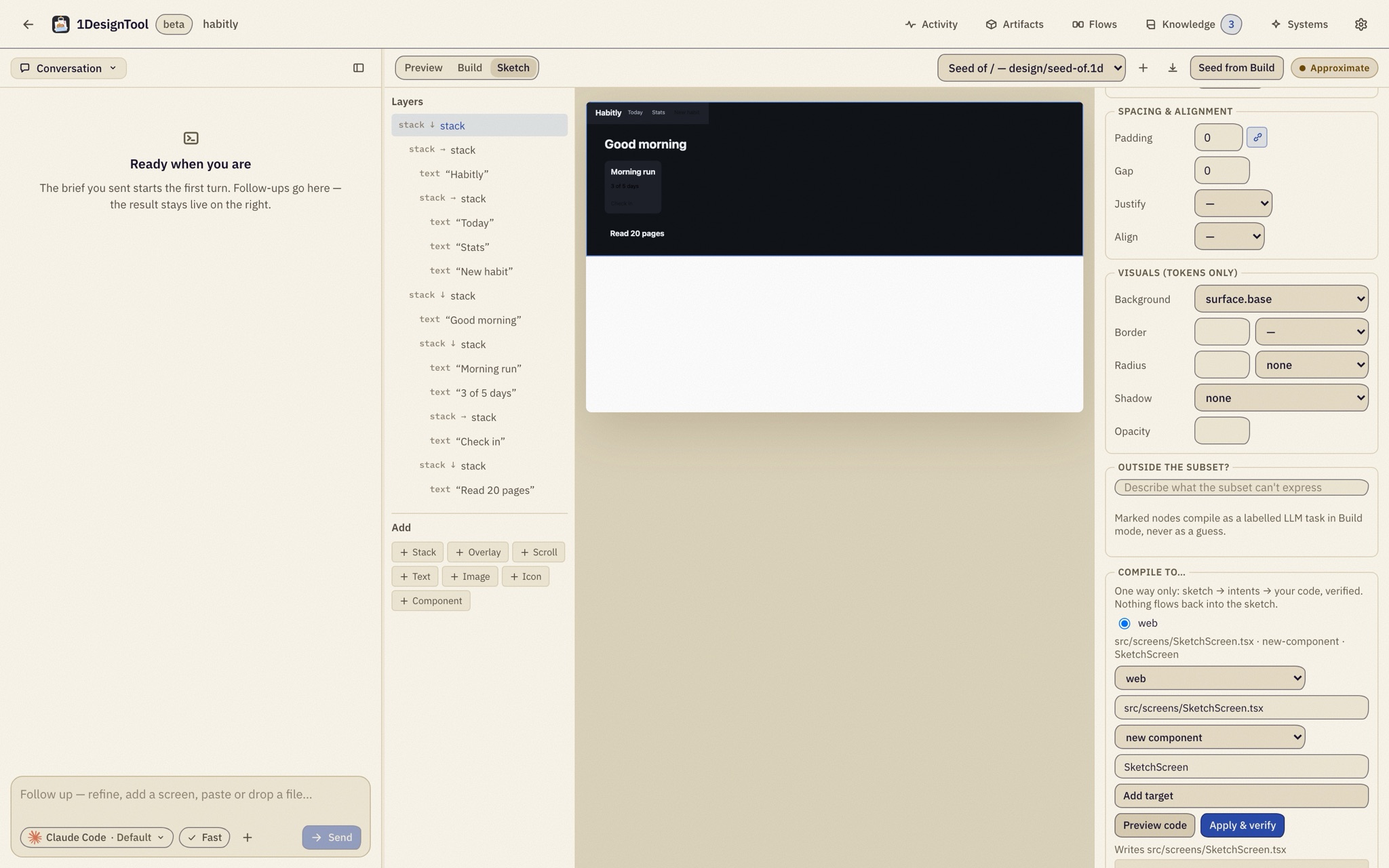 Sketch seeded from the Build screen: the real screen's structure as layers, labelled Approximate, with the Compile to… panel ready to preview code.
