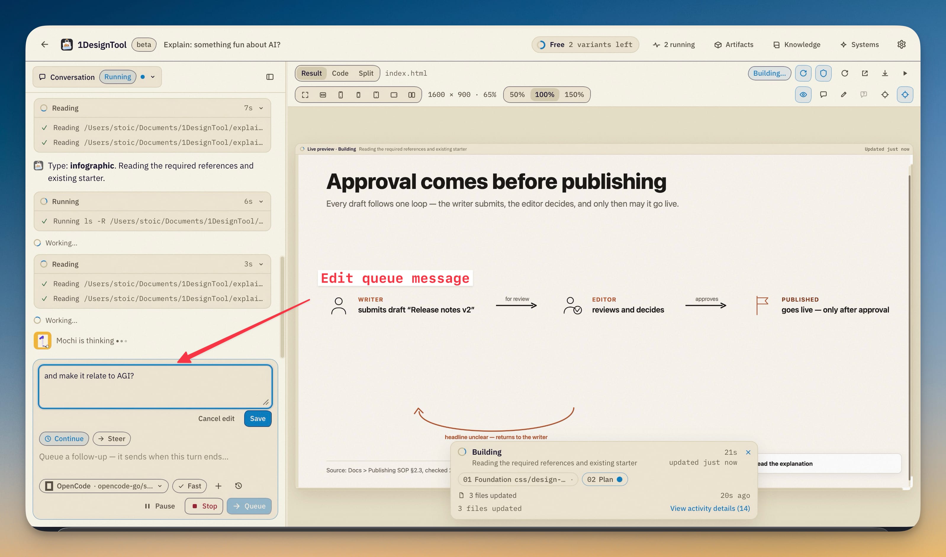 A queued follow-up opened for editing mid-turn, with Cancel edit and Save above the Continue and Steer toggle.