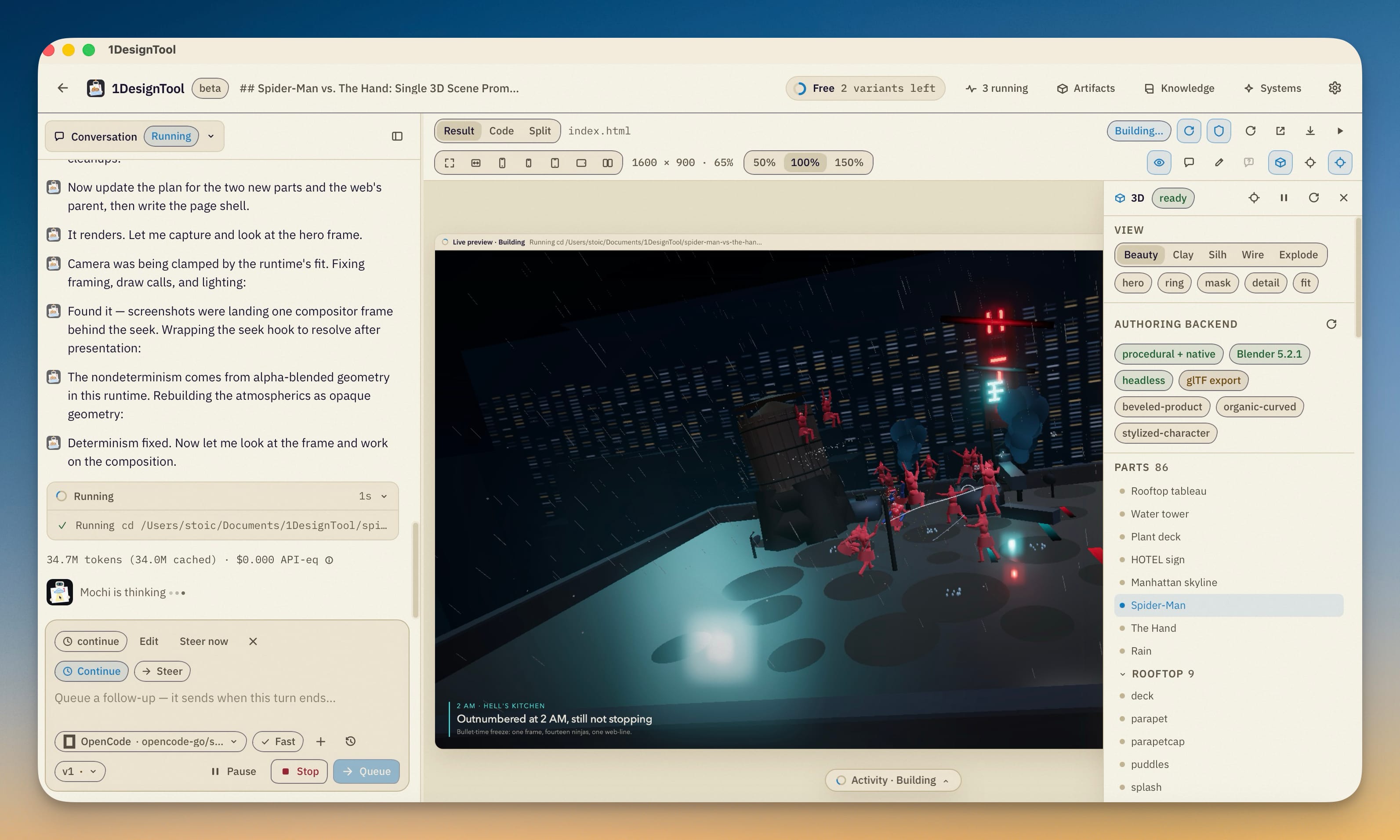 A queued message with Edit, Steer now and remove while a 3D rooftop scene is still being built.