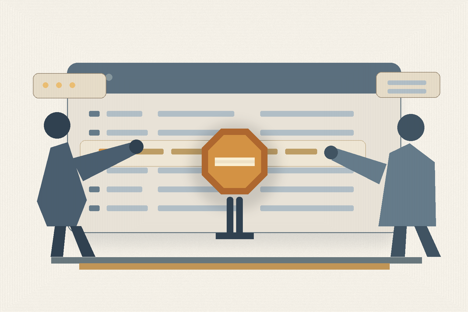 Editorial illustration of reviewing a shared terminal session with an approval gate