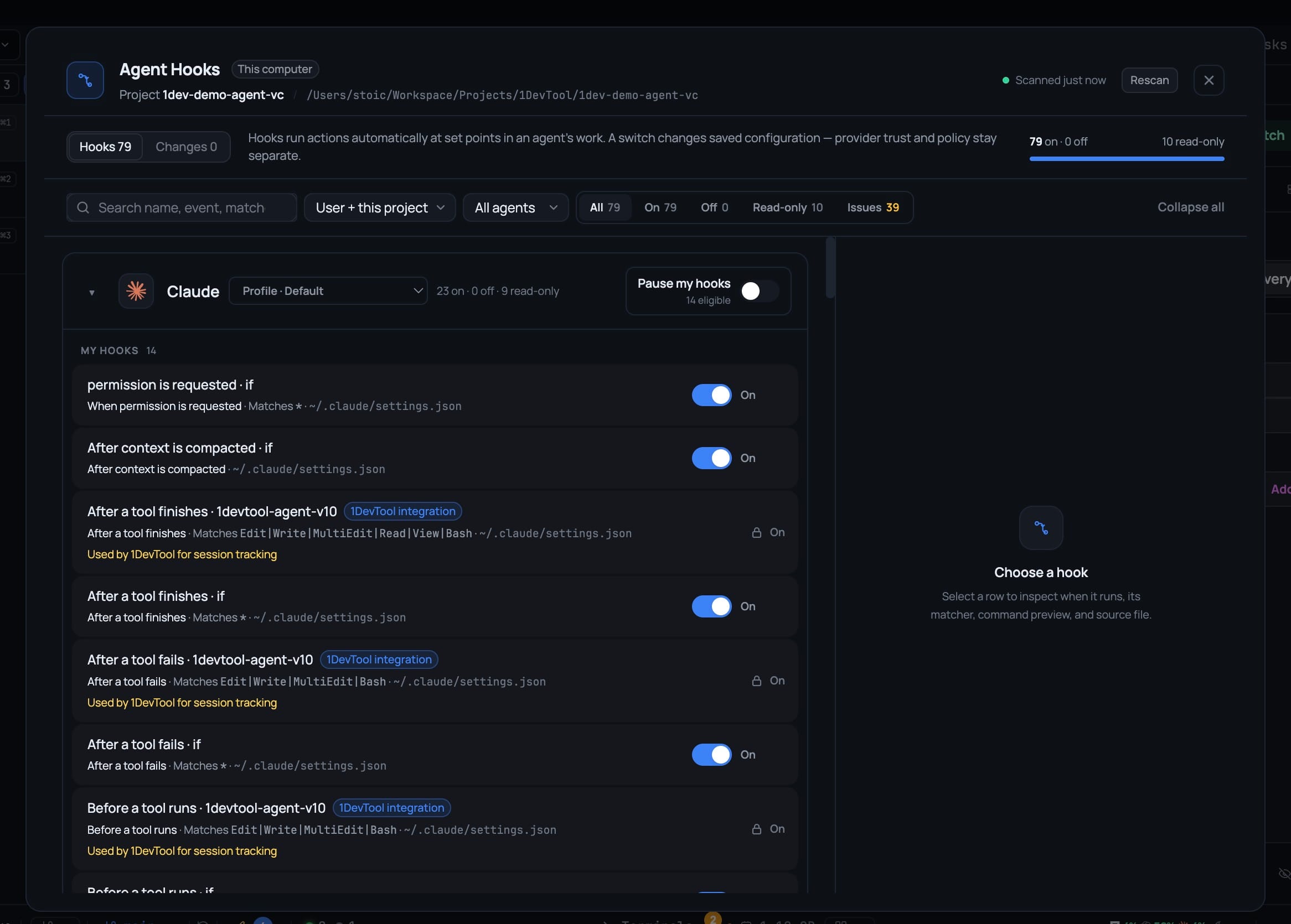 The Agent Hooks dialog listing 79 hooks grouped by agent, with each row naming when it runs and its config file, read-only 1DevTool integrations marked, and a Pause my hooks switch