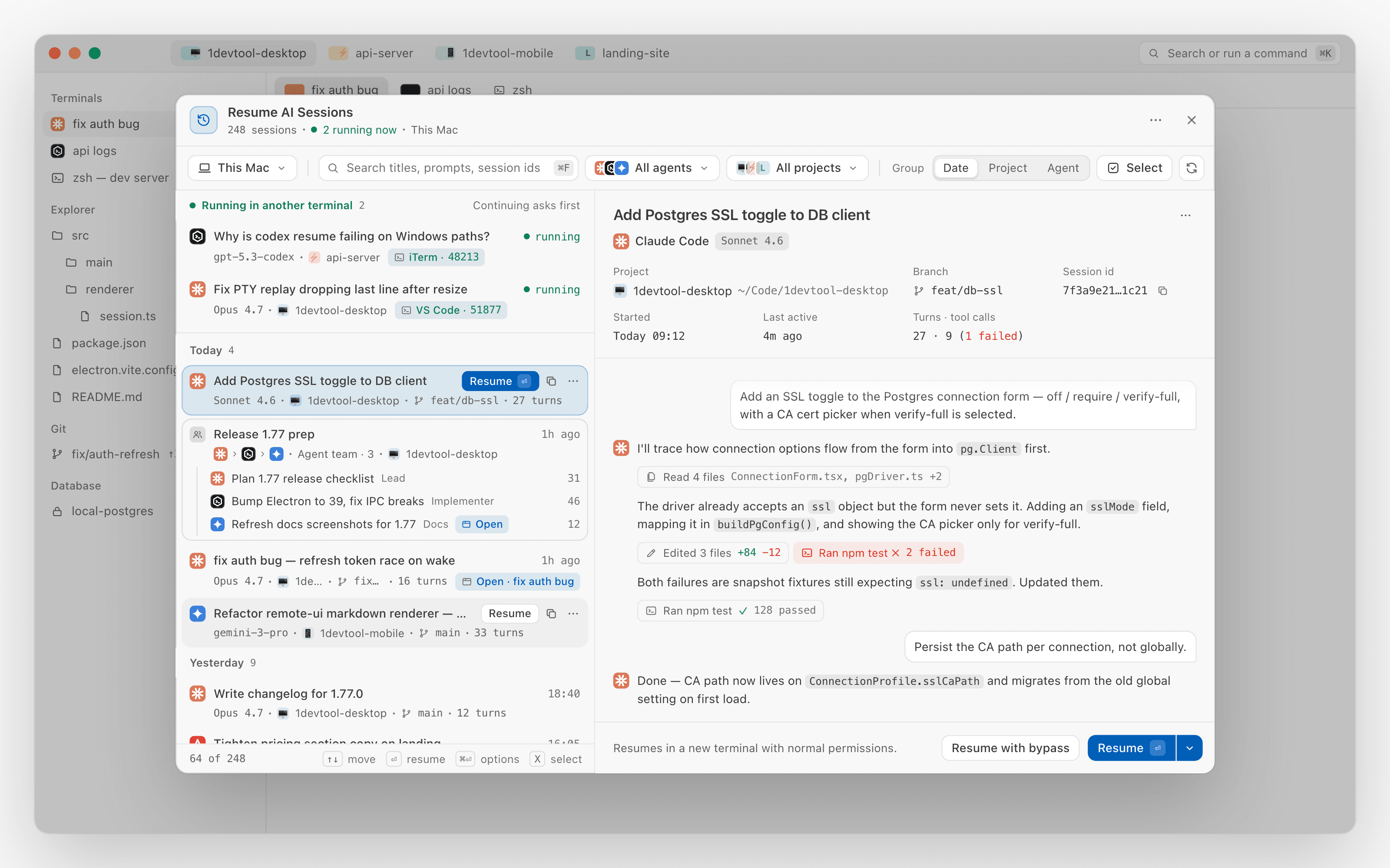 Resume AI Sessions in the light theme, grouped by date with an agent team card and the session preview beside it