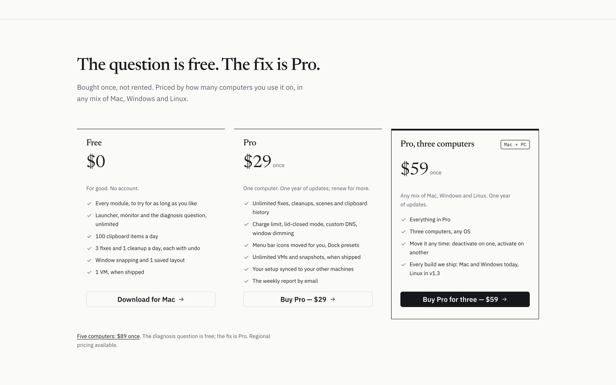 The pricing section of 1machinetool.com: Free, Pro for one computer at $29, and Pro for three computers at $59