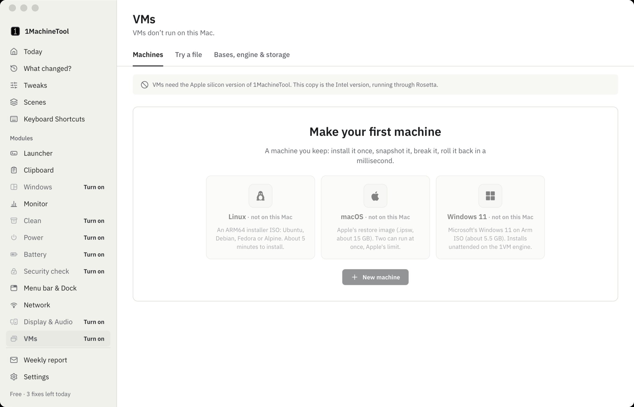 The VMs page in the Intel version on an Apple silicon Mac, asking for the Apple silicon version and showing Linux, macOS and Windows 11 as not available
