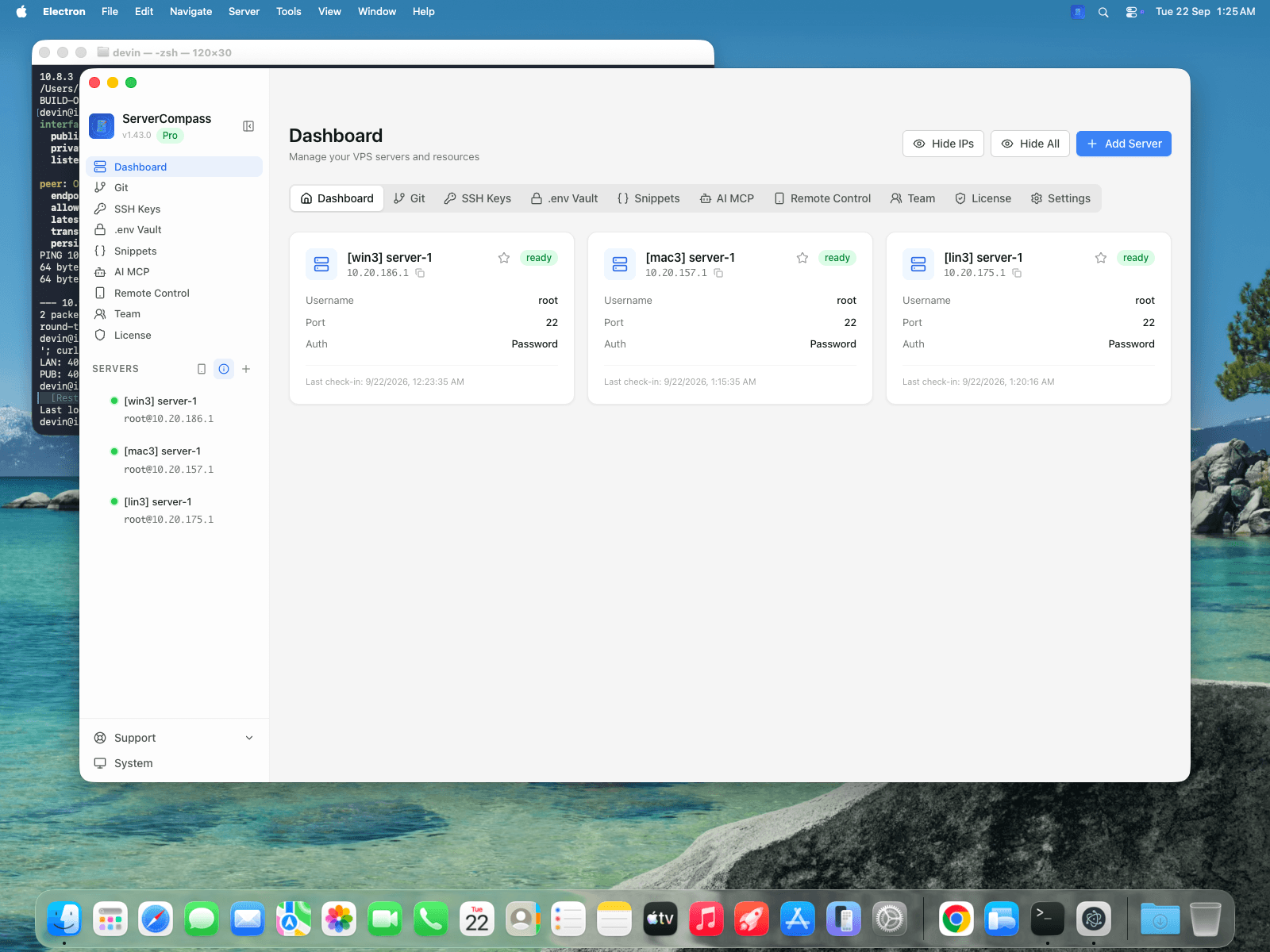 Server Compass dashboard on macOS showing win3, mac3 and lin3 servers, all marked ready after sync