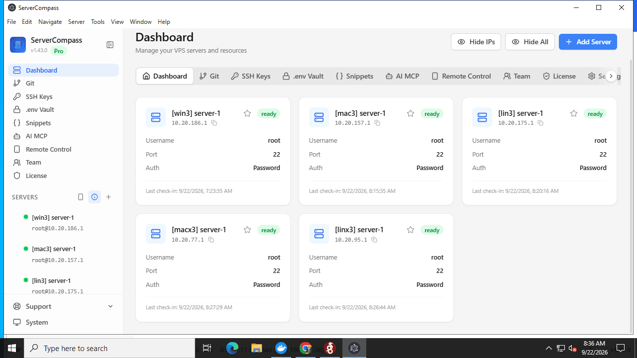 Server Compass dashboard on Windows showing five servers from three different machines after sync