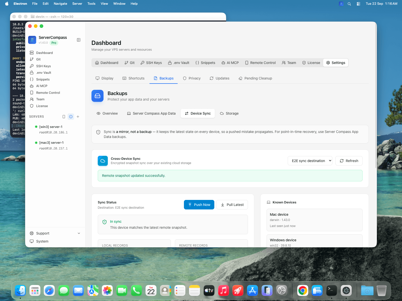 Device Sync settings showing In sync status, Push Now and Pull Latest buttons, and a Known Devices list with a Mac and a Windows device