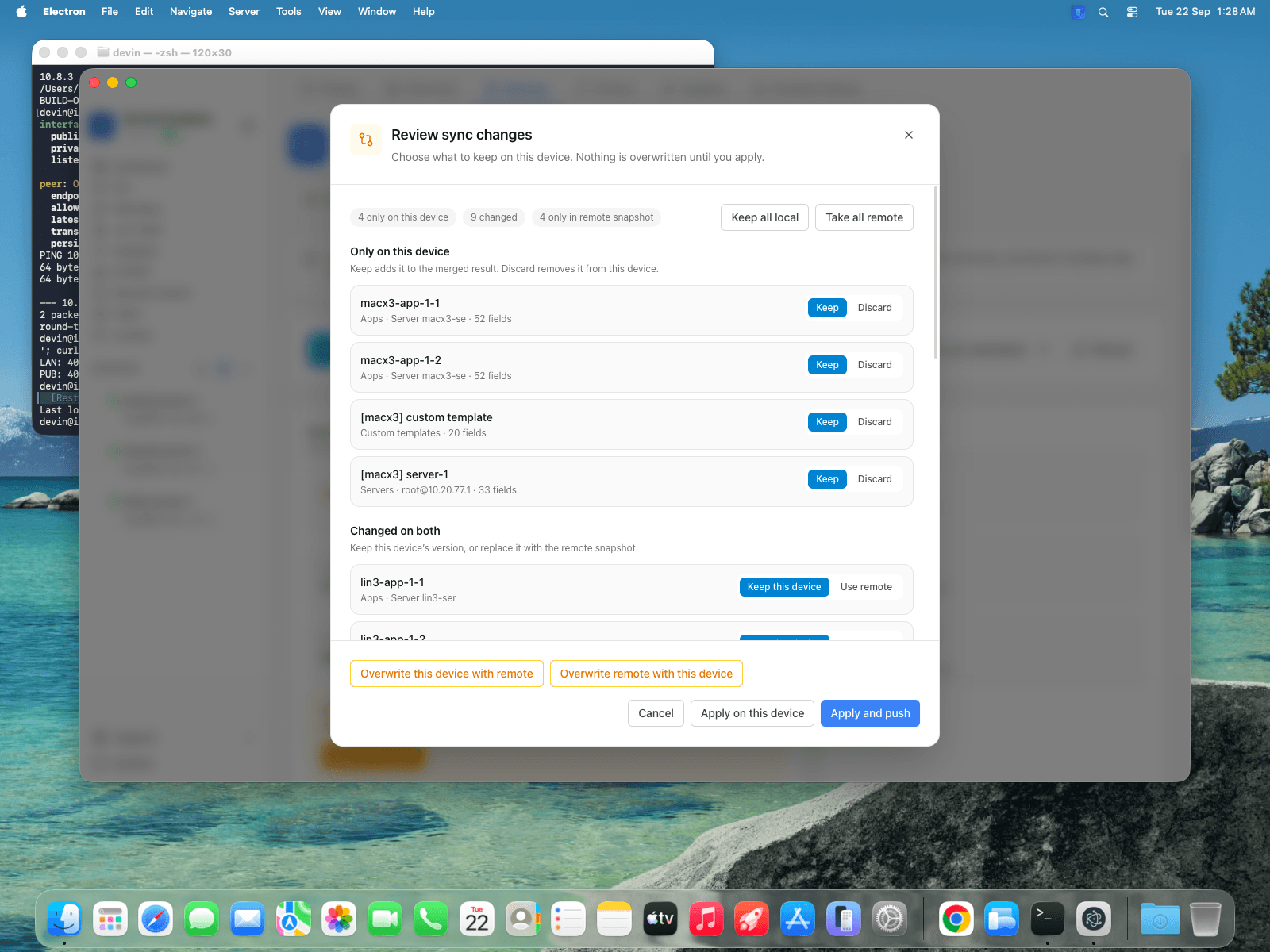 Review sync changes dialog listing records only on this device, records changed on both sides, and Keep / Discard choices per record