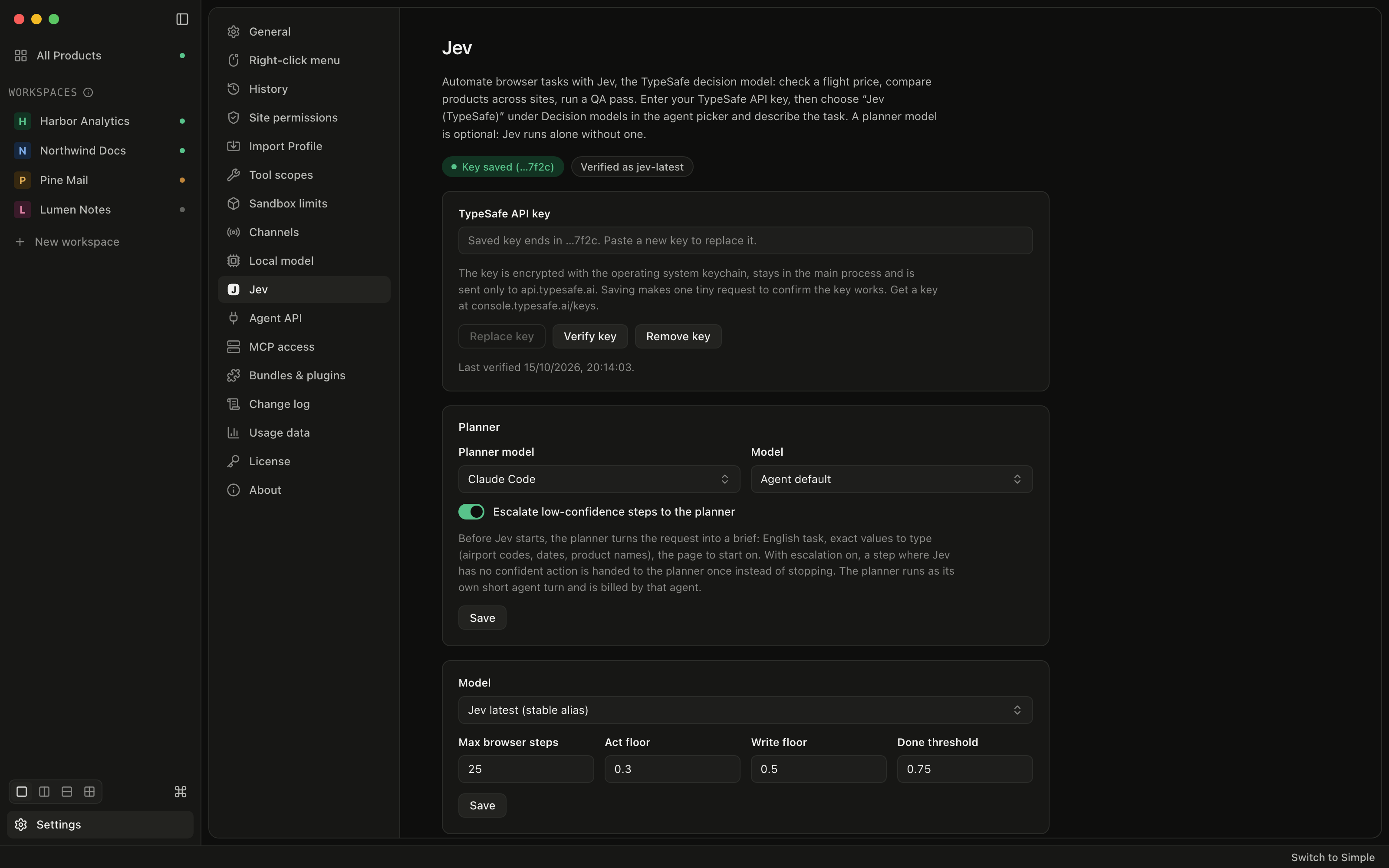 Settings, Jev, with a saved and verified TypeSafe API key, the planner set to Claude Code with escalation on, and the model, max browser steps and confidence floors