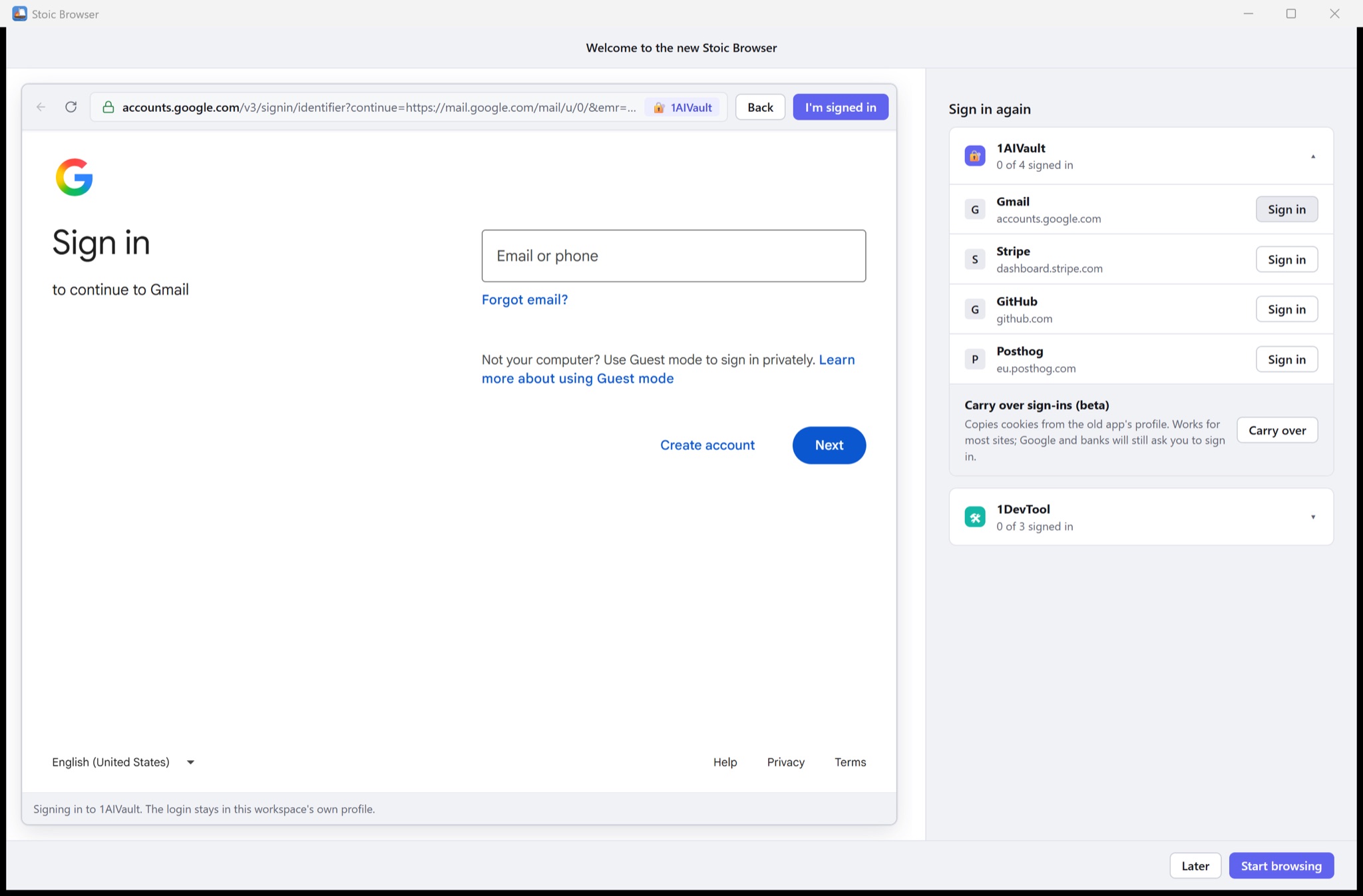 Stoic Browser 1.0: signed in to Google, at a fraction of the size