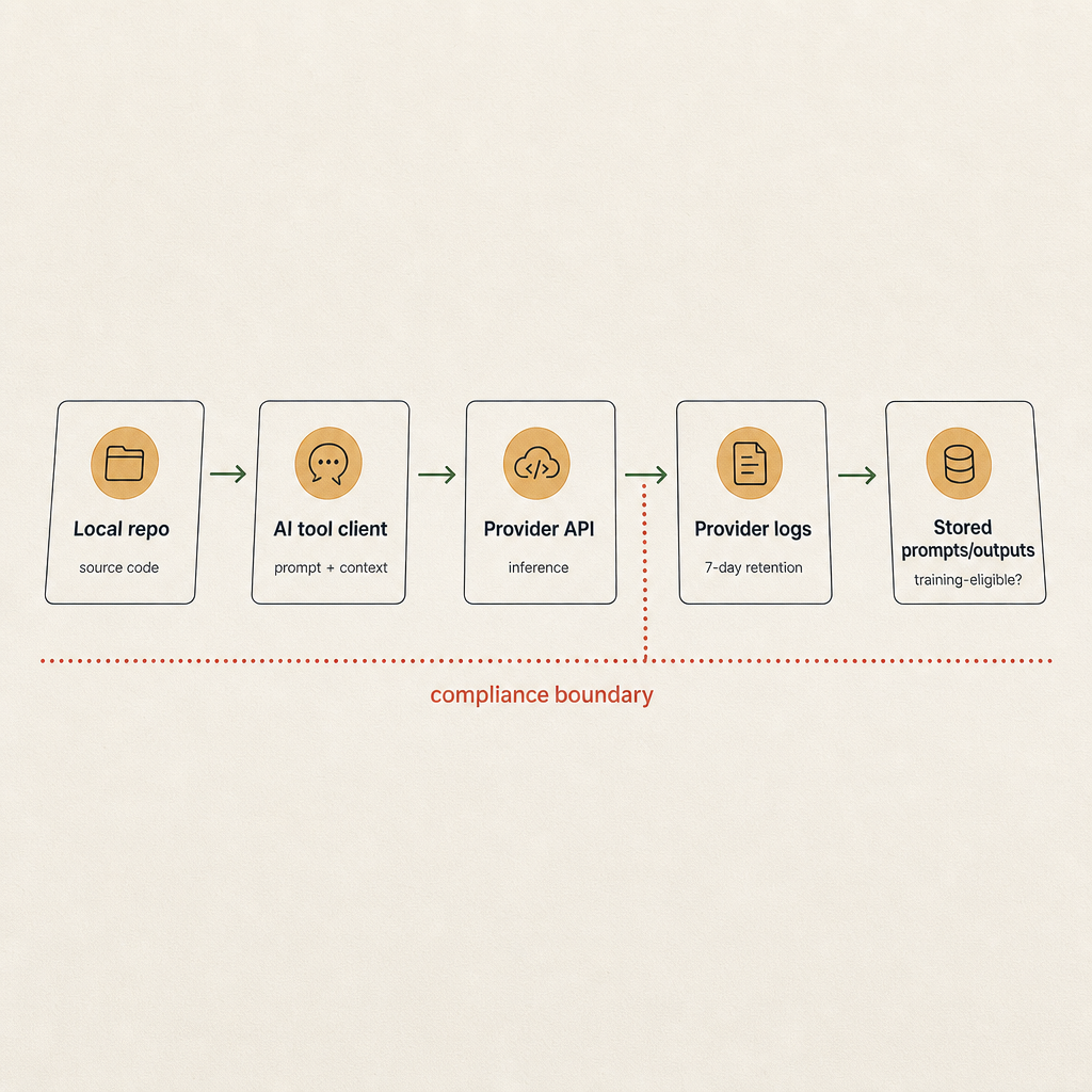 Data flow diagram showing what the AI coding tool reads, where it sends it, and what's logged