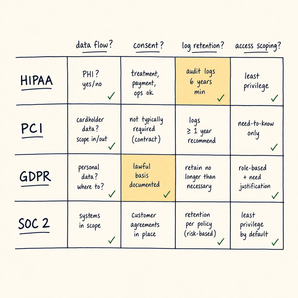 Matrix of regulations vs the specific questions auditors ask about AI tooling