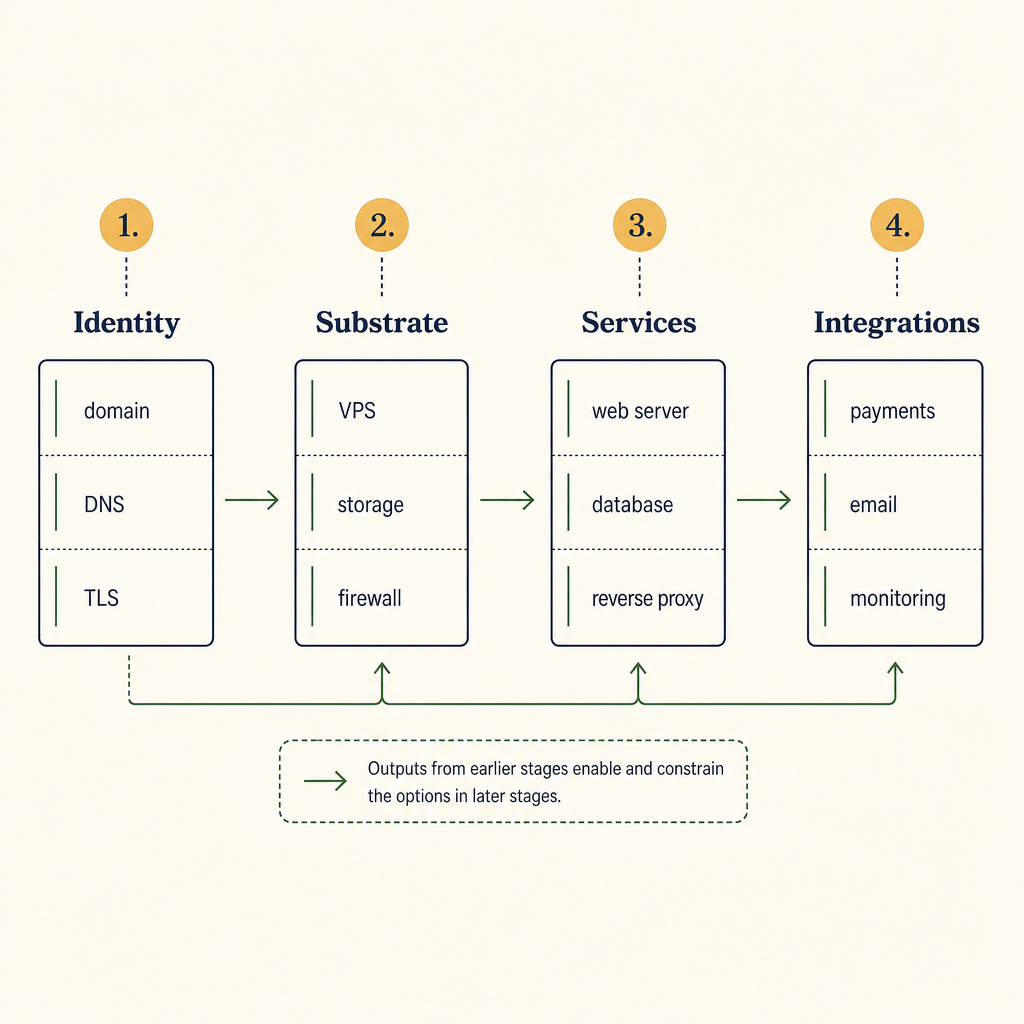 Four-stage dependency diagram: Identity → Substrate → Services → Integrations