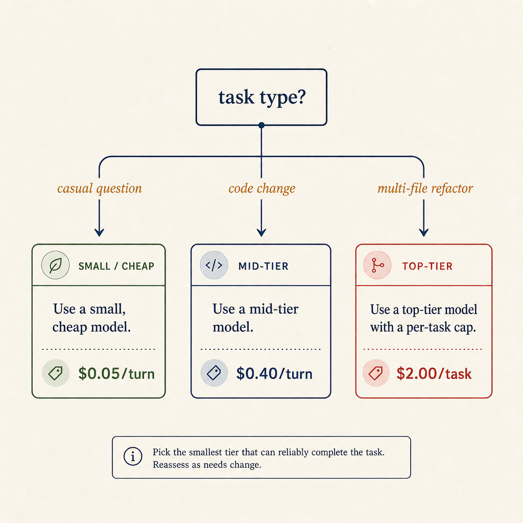 Decision tree mapping task types to model tiers and a per-task spend ceiling