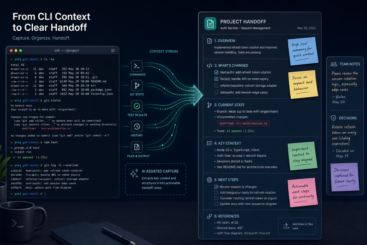 Per-project handoff notes: the missing layer between your CLI history and your standup