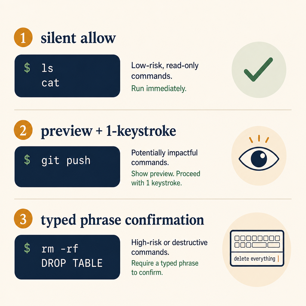 Three gates: silent allow, single-line preview, typed confirmation