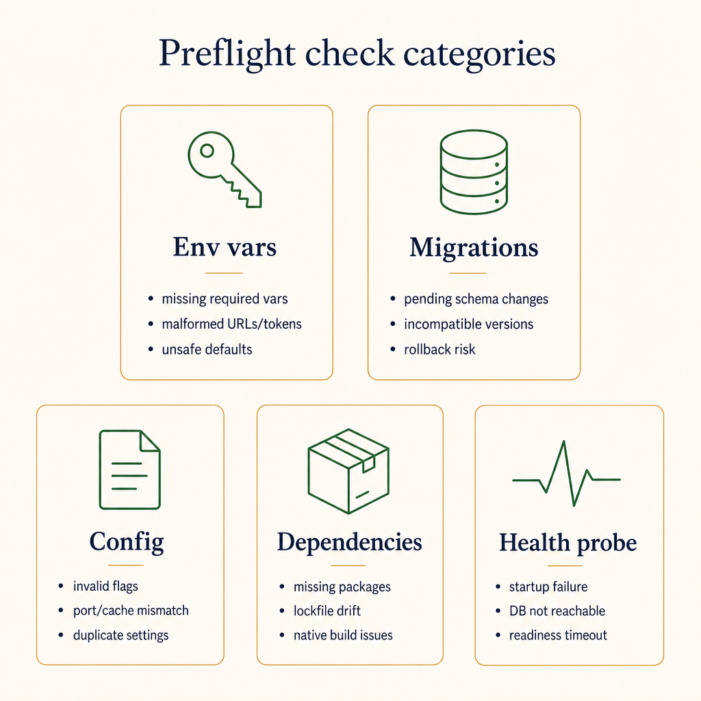 Categories of preflight checks: env vars, migrations, config, dependencies, health probe