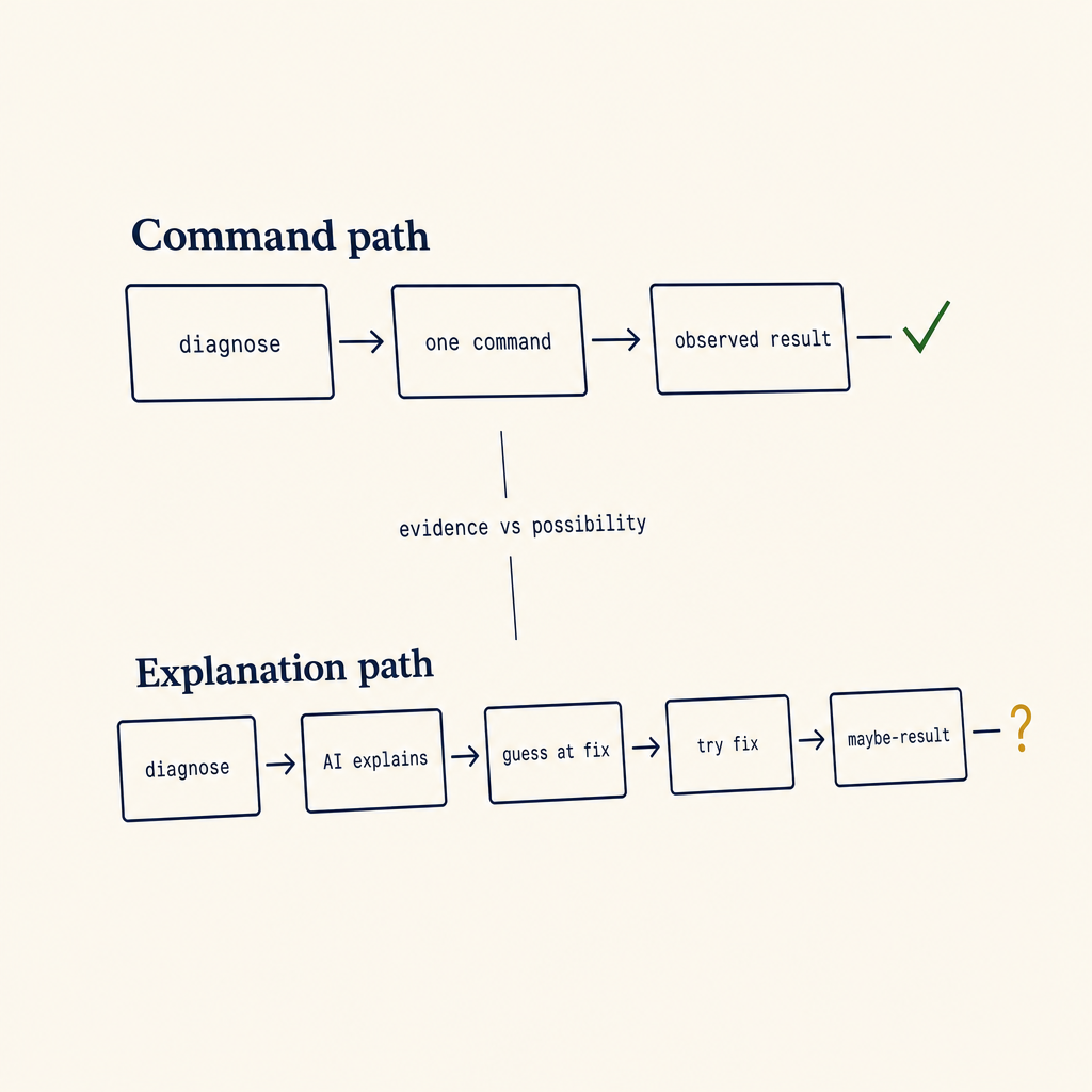 Two flowcharts contrasting 'diagnose → command → result' vs 'diagnose → explain → guess'