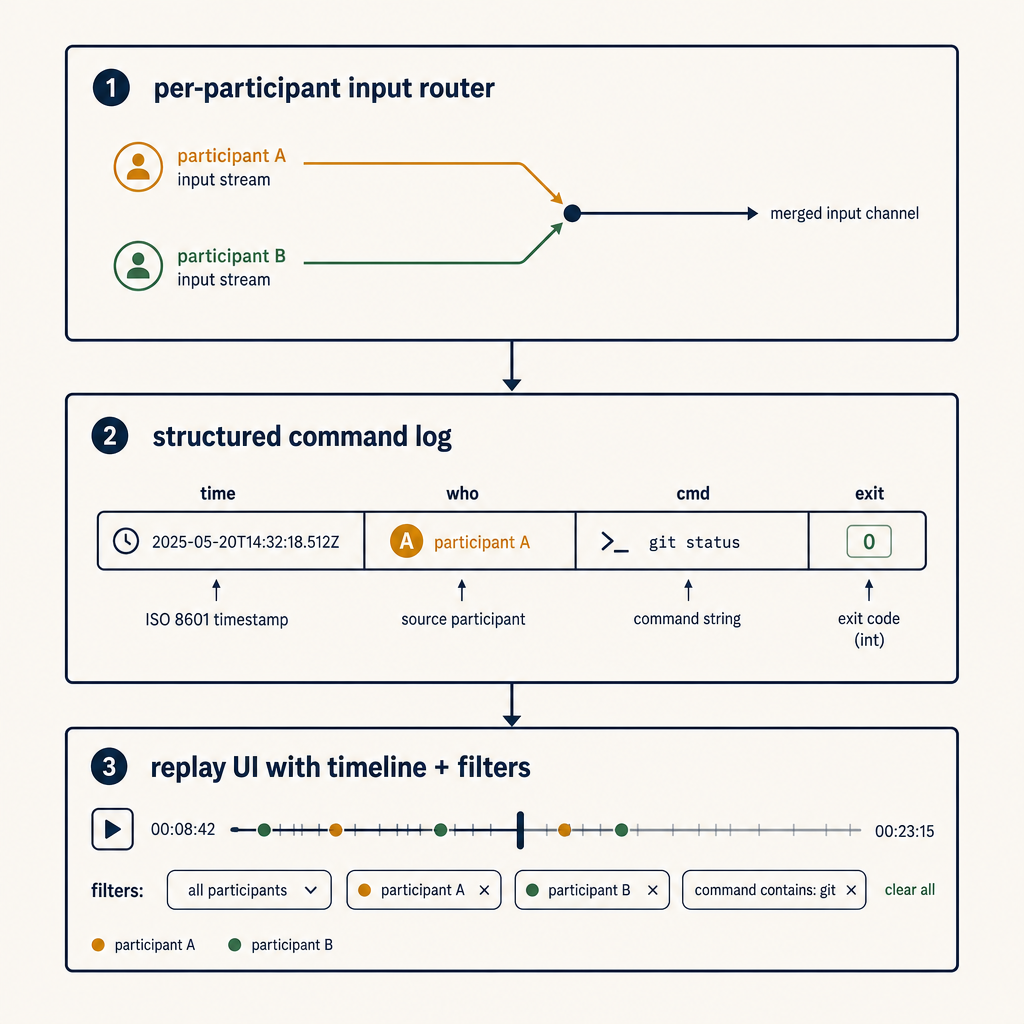 Three primitives: input router, structured log, replay UI