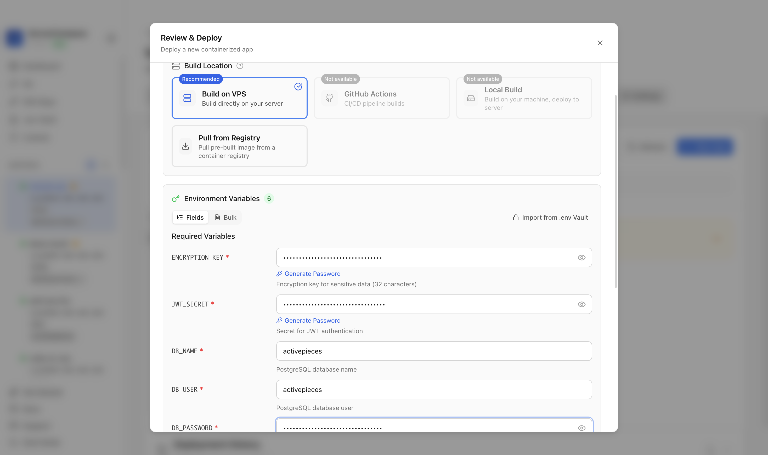 Reviewing Activepieces environment variables and port before deployment