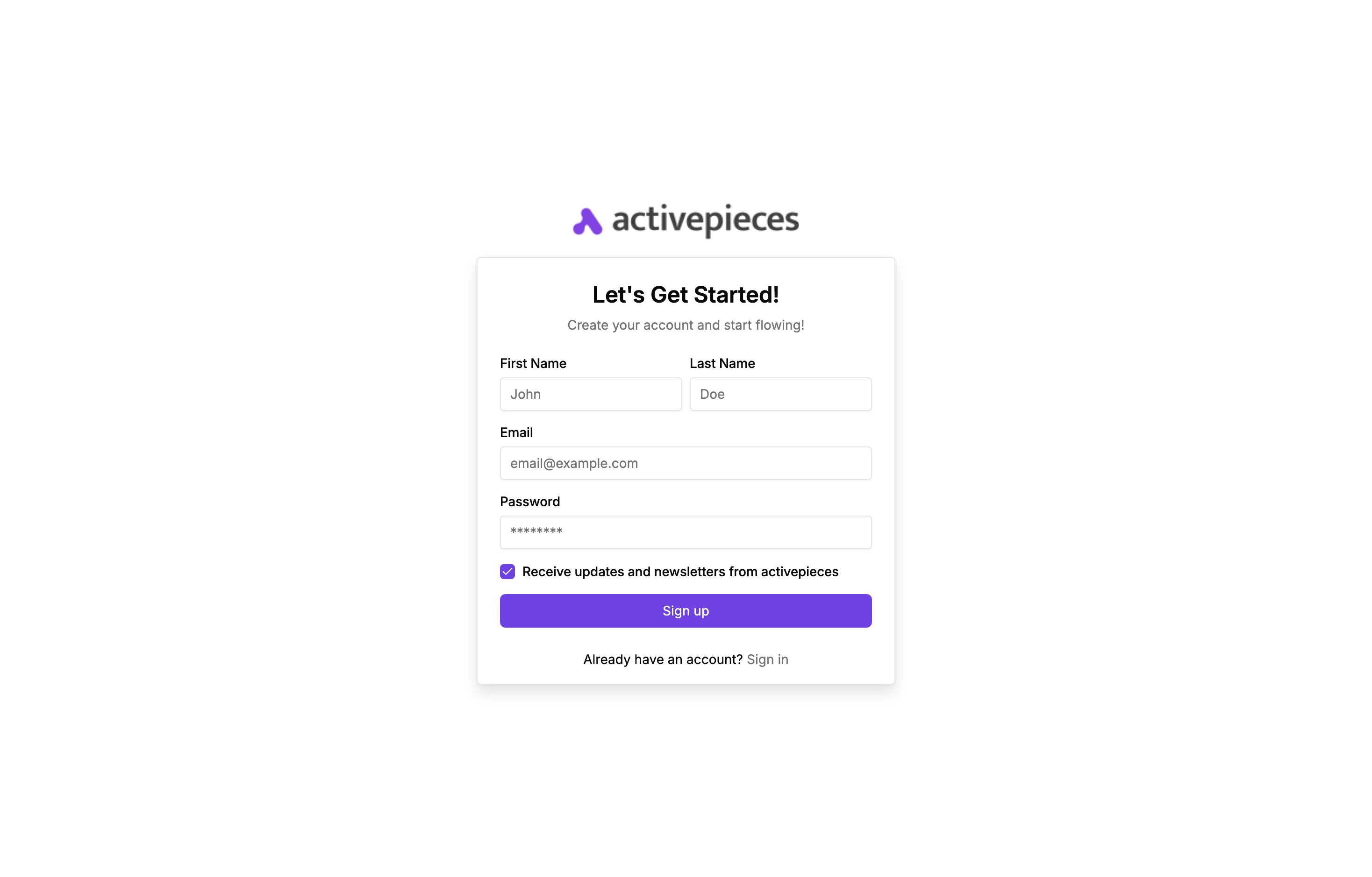 The deployed Activepieces web UI loaded in a browser