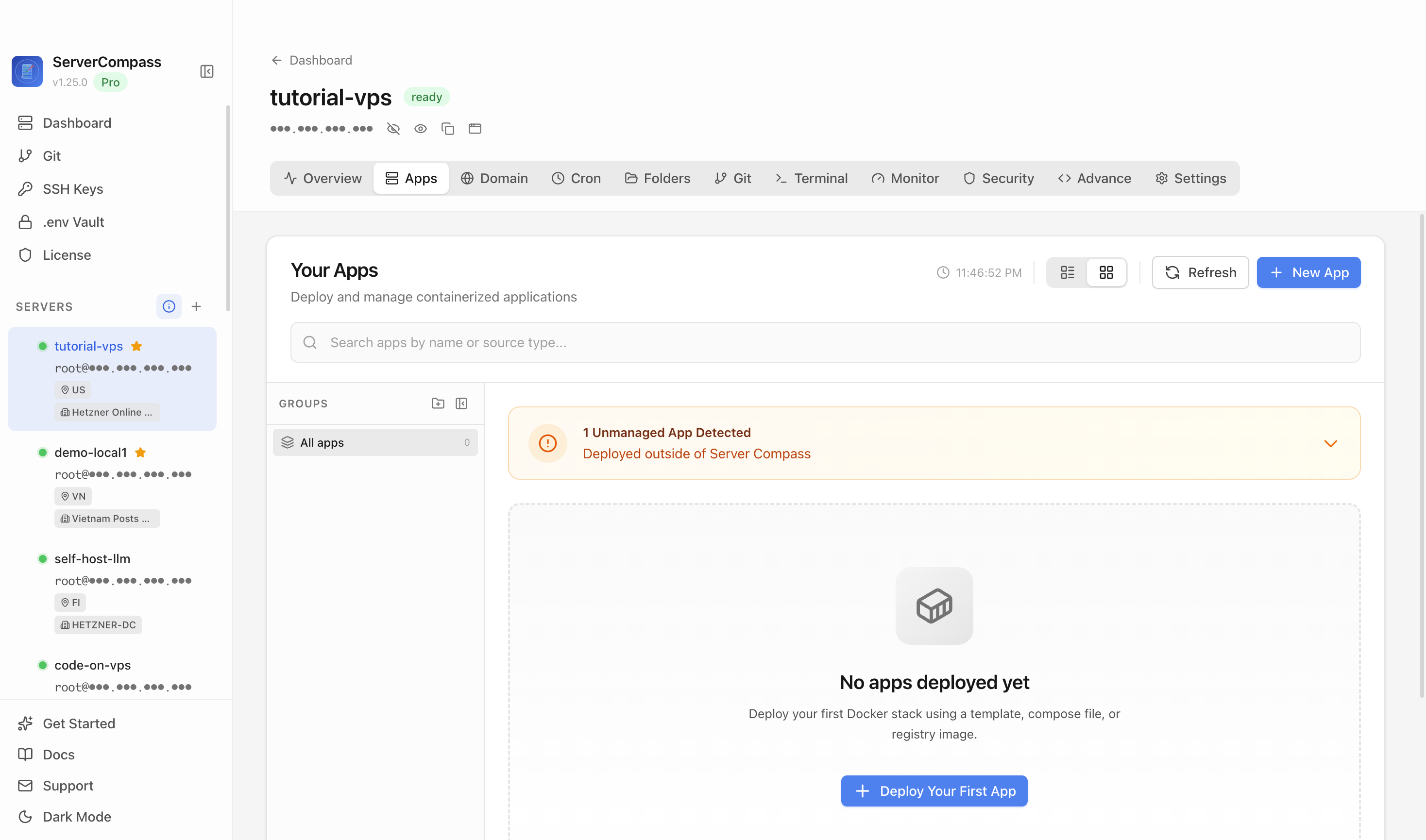 Server Compass Apps tab before creating an Actual Budget app
