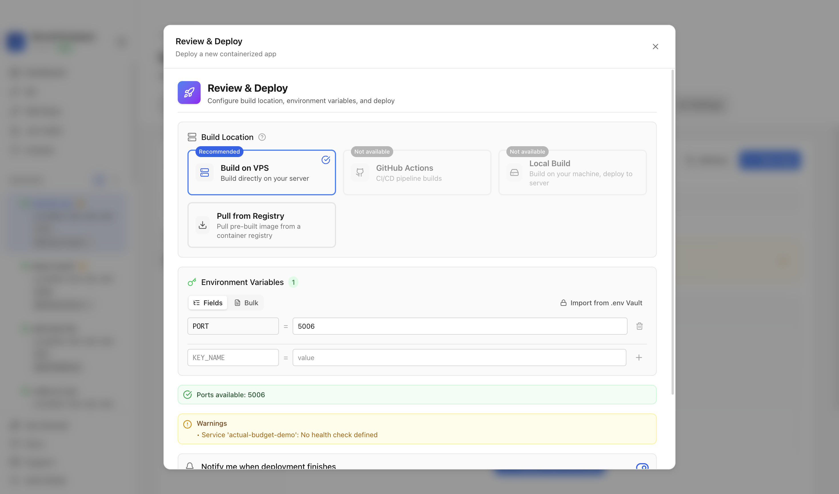 Reviewing Actual Budget environment variables and port before deployment