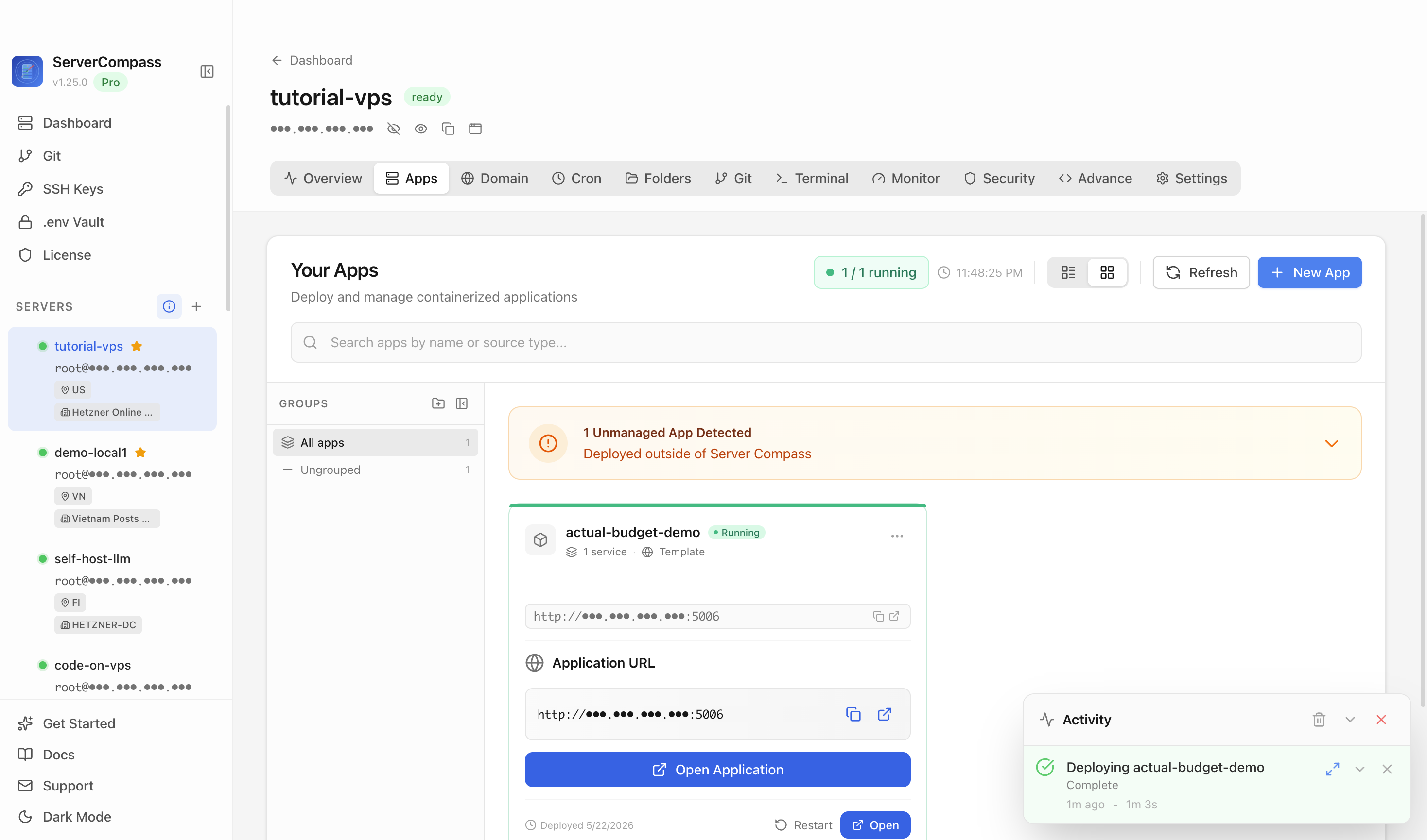 Actual Budget template running in the Server Compass Apps tab