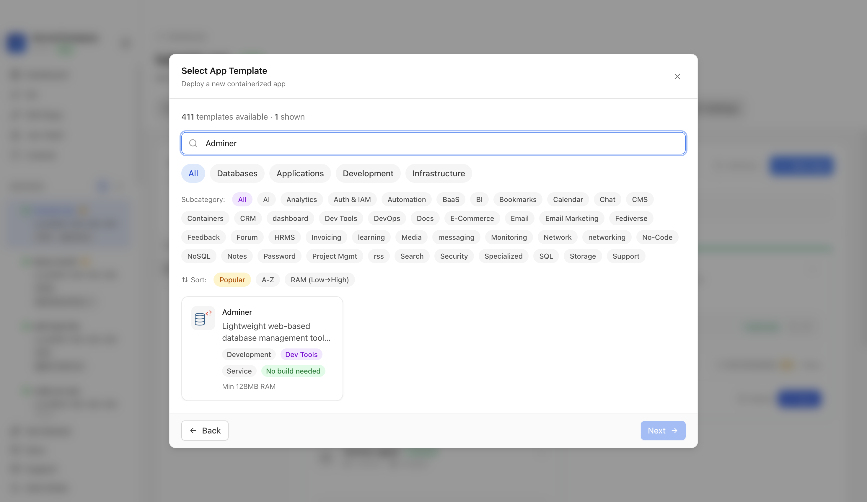 Searching for Adminer in the Server Compass template picker