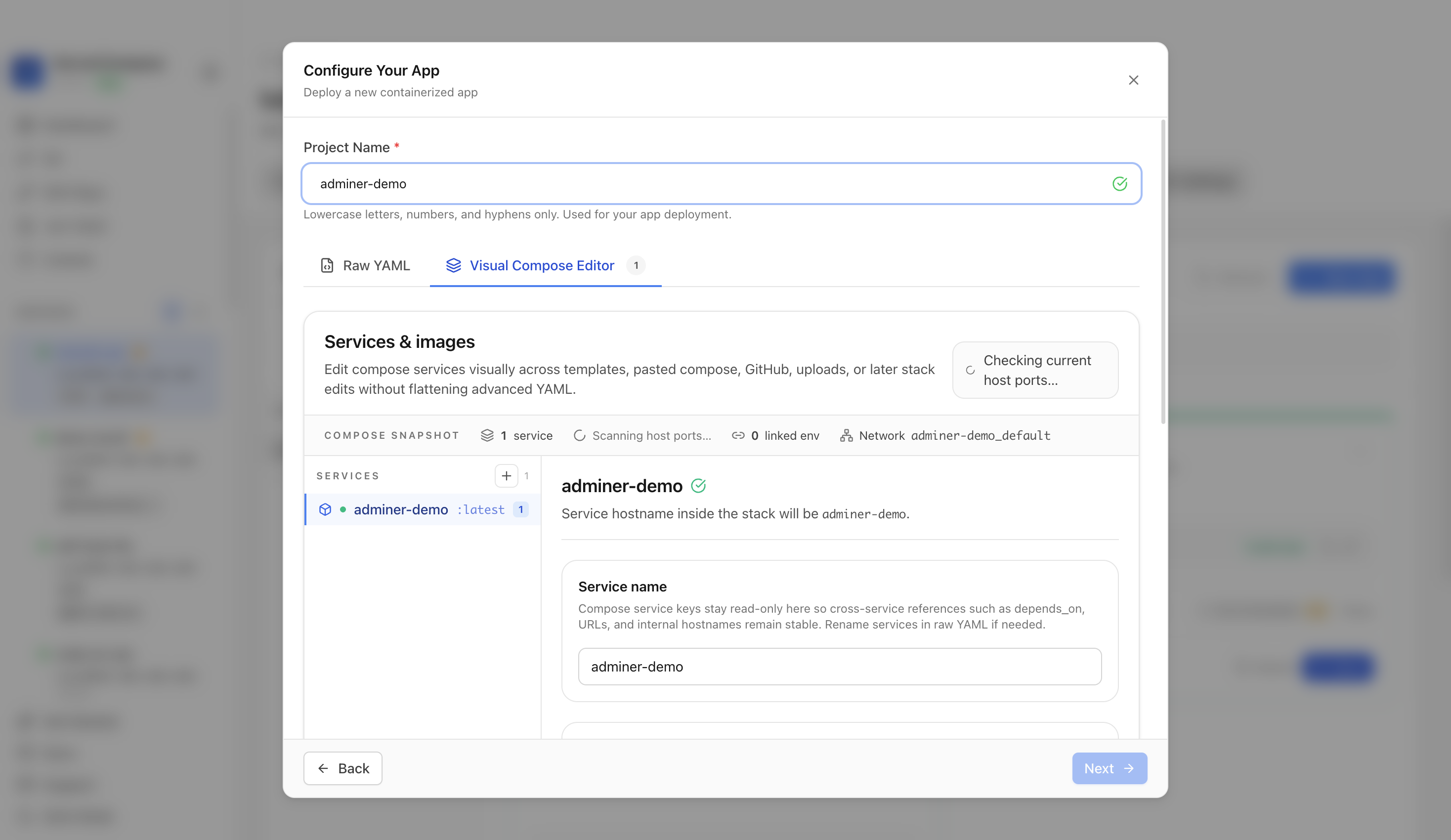 Reviewing Adminer project settings and compose service