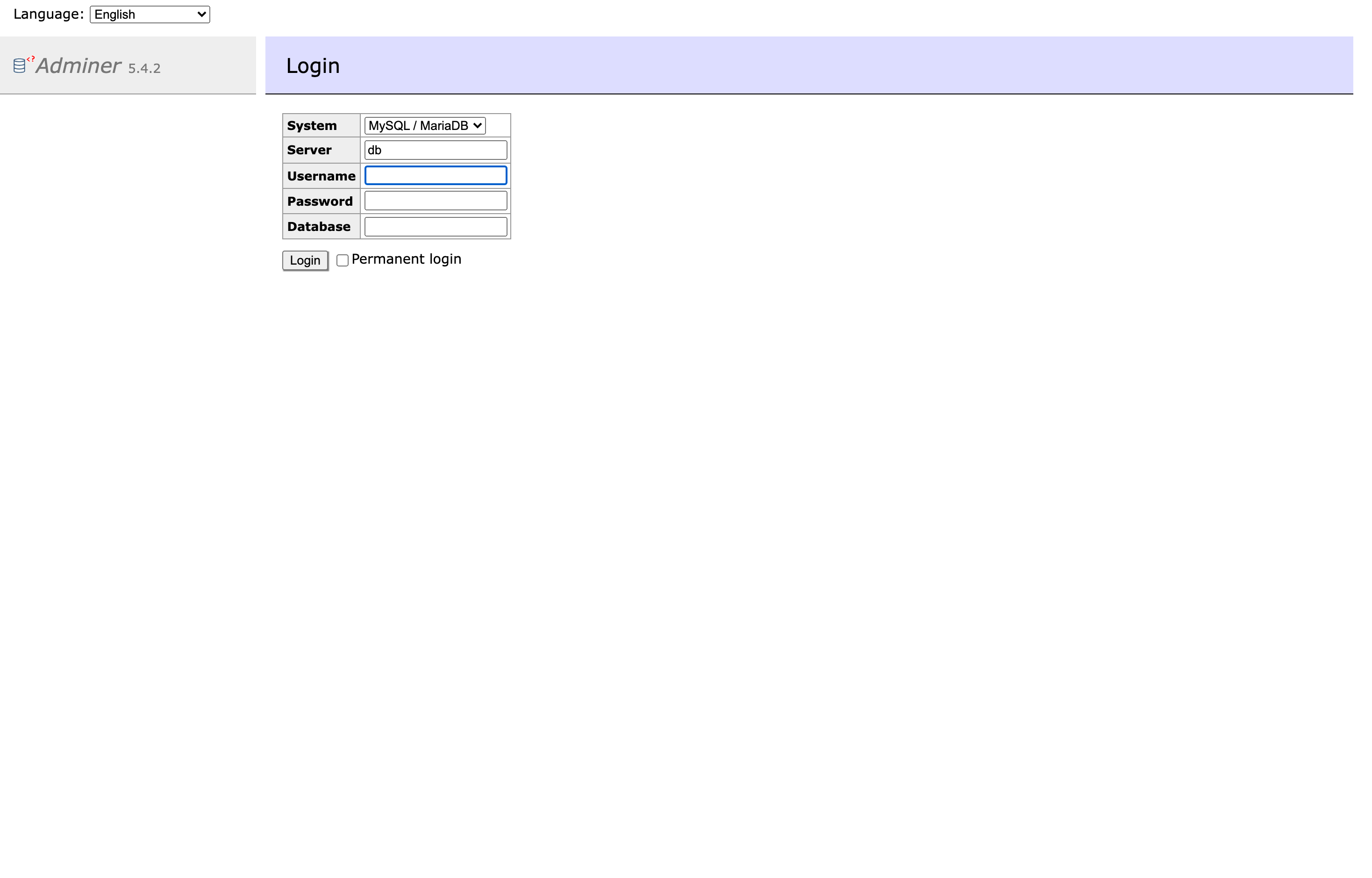 The deployed Adminer web UI loaded in a browser