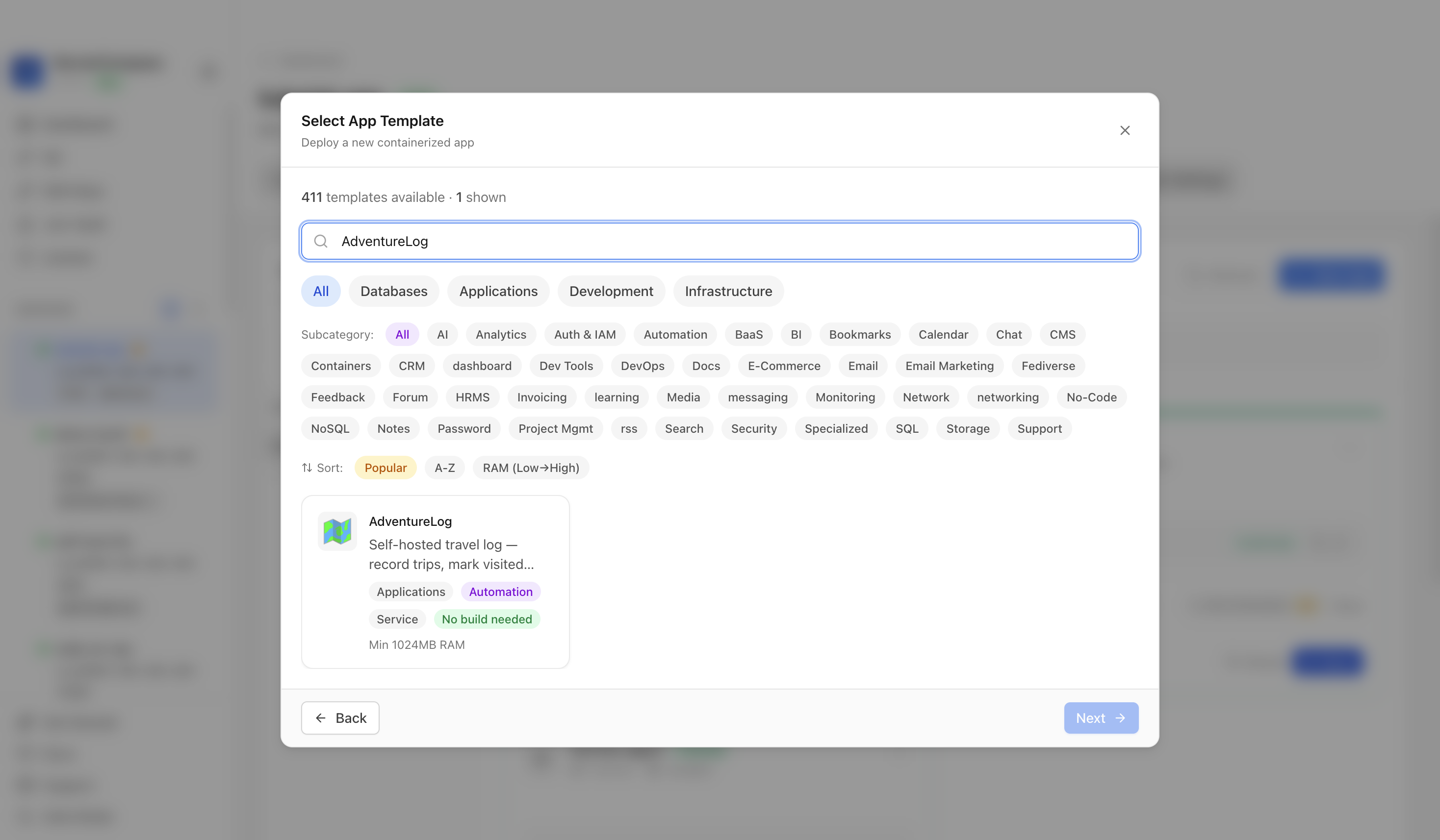 Searching for AdventureLog in the Server Compass template picker