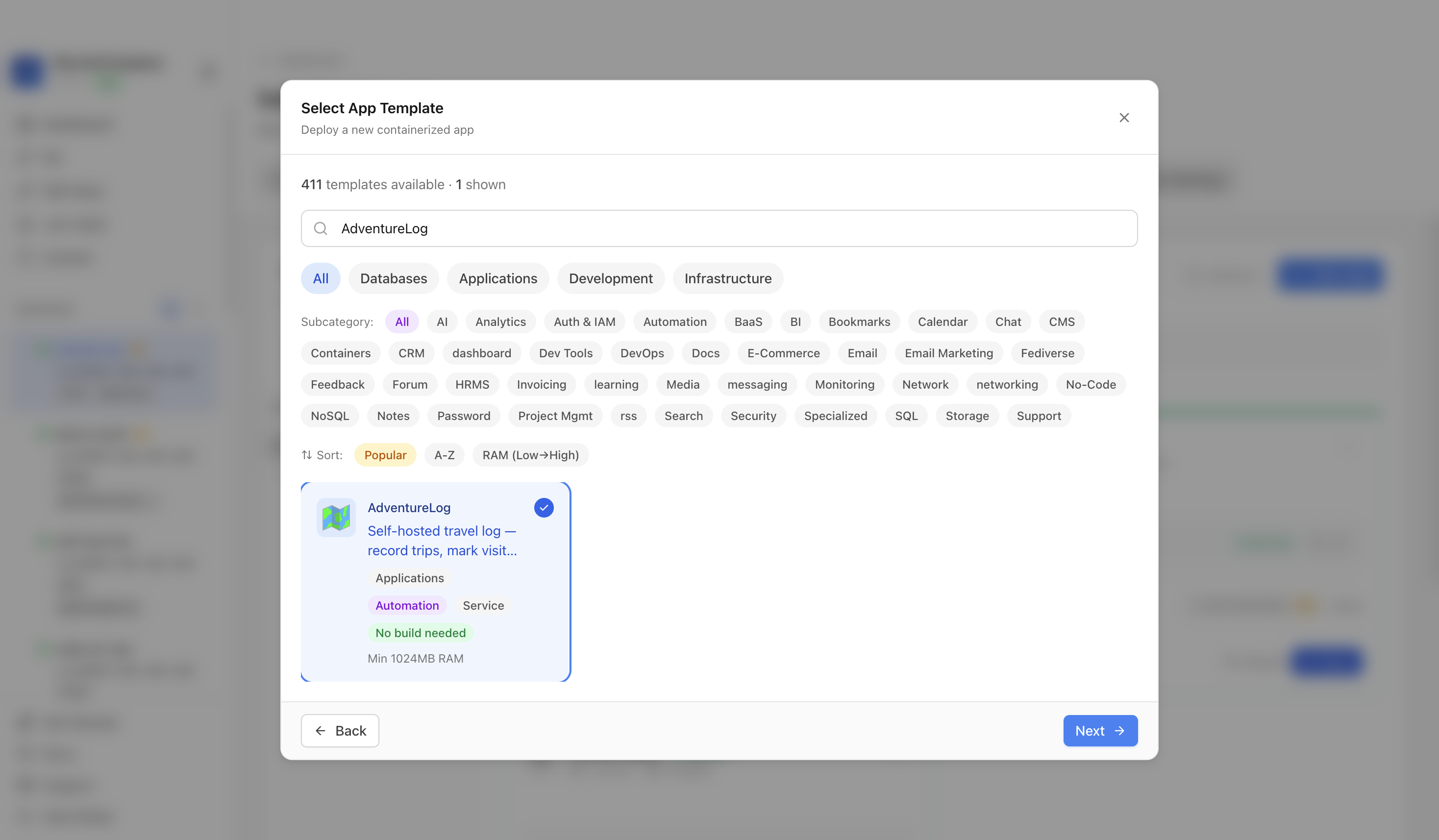 AdventureLog template selected in Server Compass